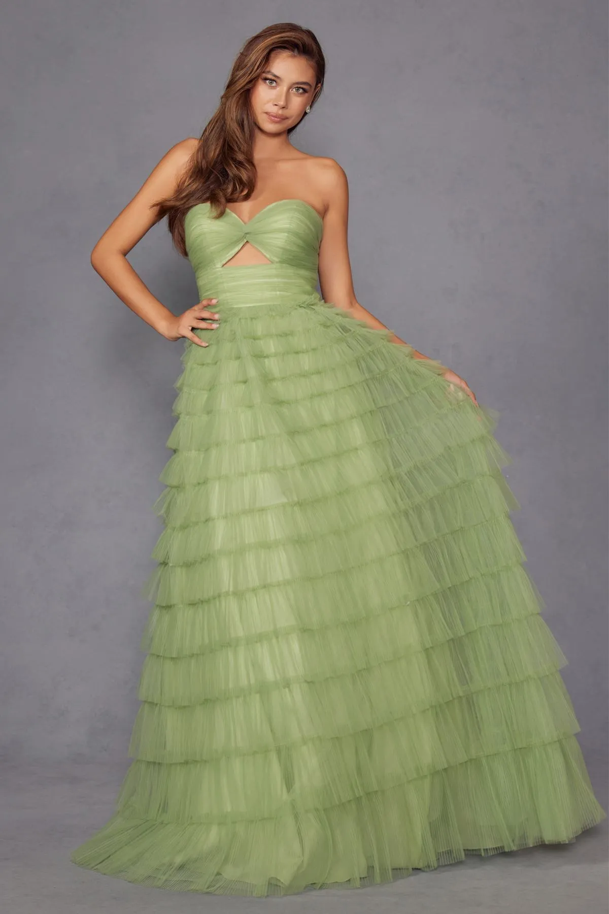 Juliet JT2456H Long Strapless Keyhole Tiered Ruffled Tulle A-Line Gown