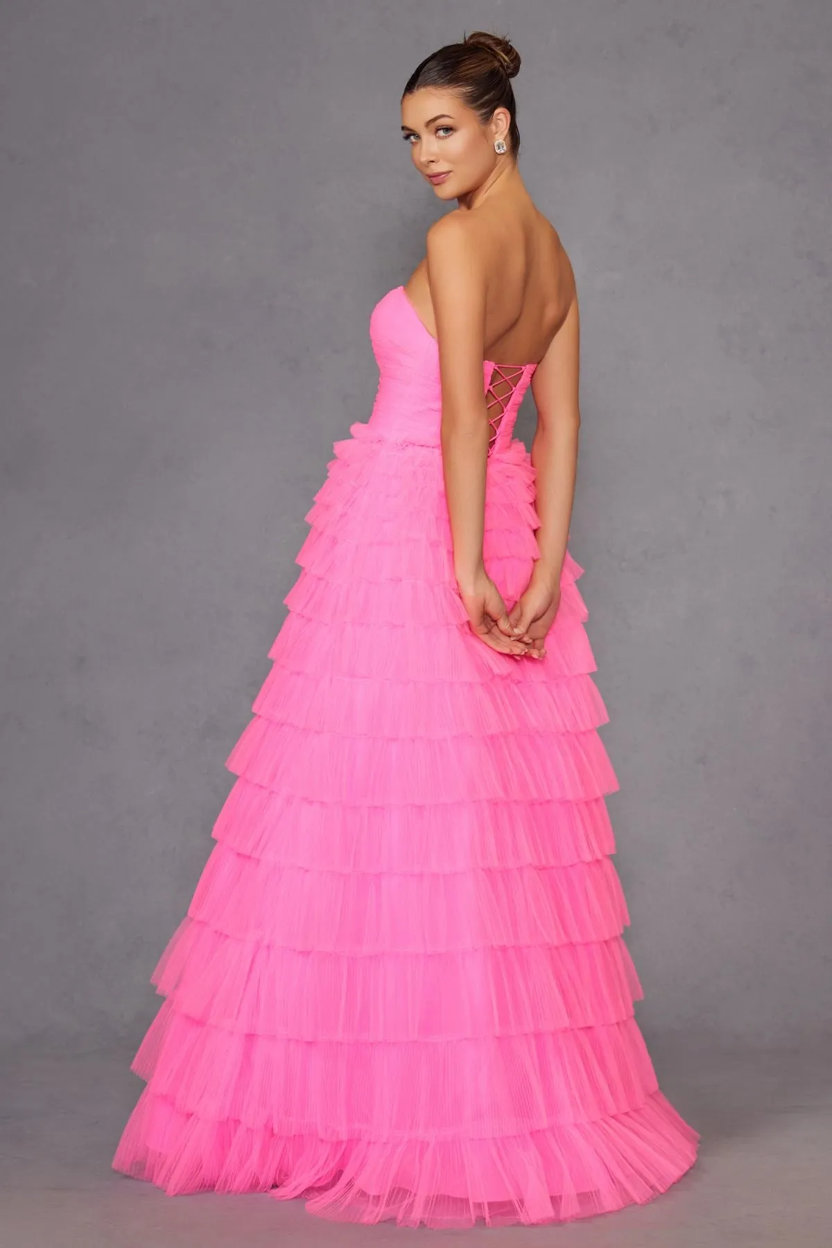 Juliet JT2456H Long Strapless Keyhole Tiered Ruffled Tulle A-Line Gown