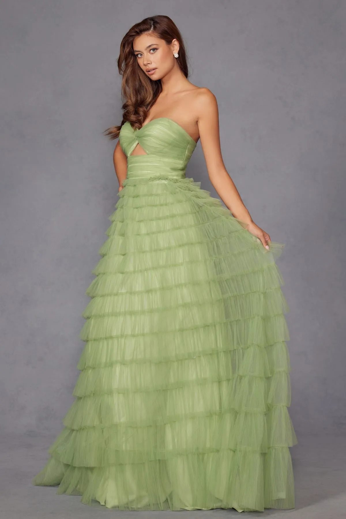 Juliet JT2456H Long Strapless Keyhole Tiered Ruffled Tulle A-Line Gown