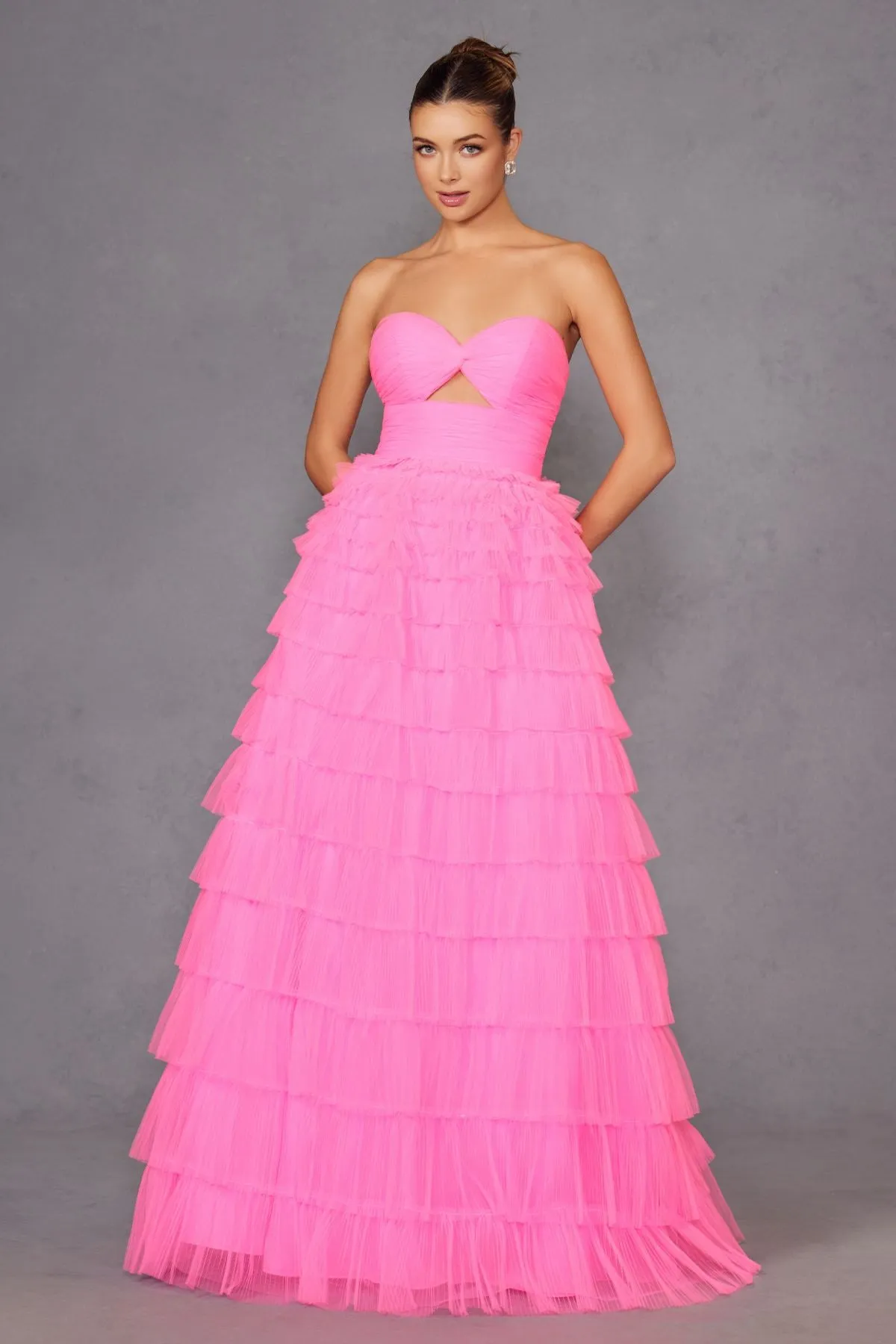 Juliet JT2456H Long Strapless Keyhole Tiered Ruffled Tulle A-Line Gown