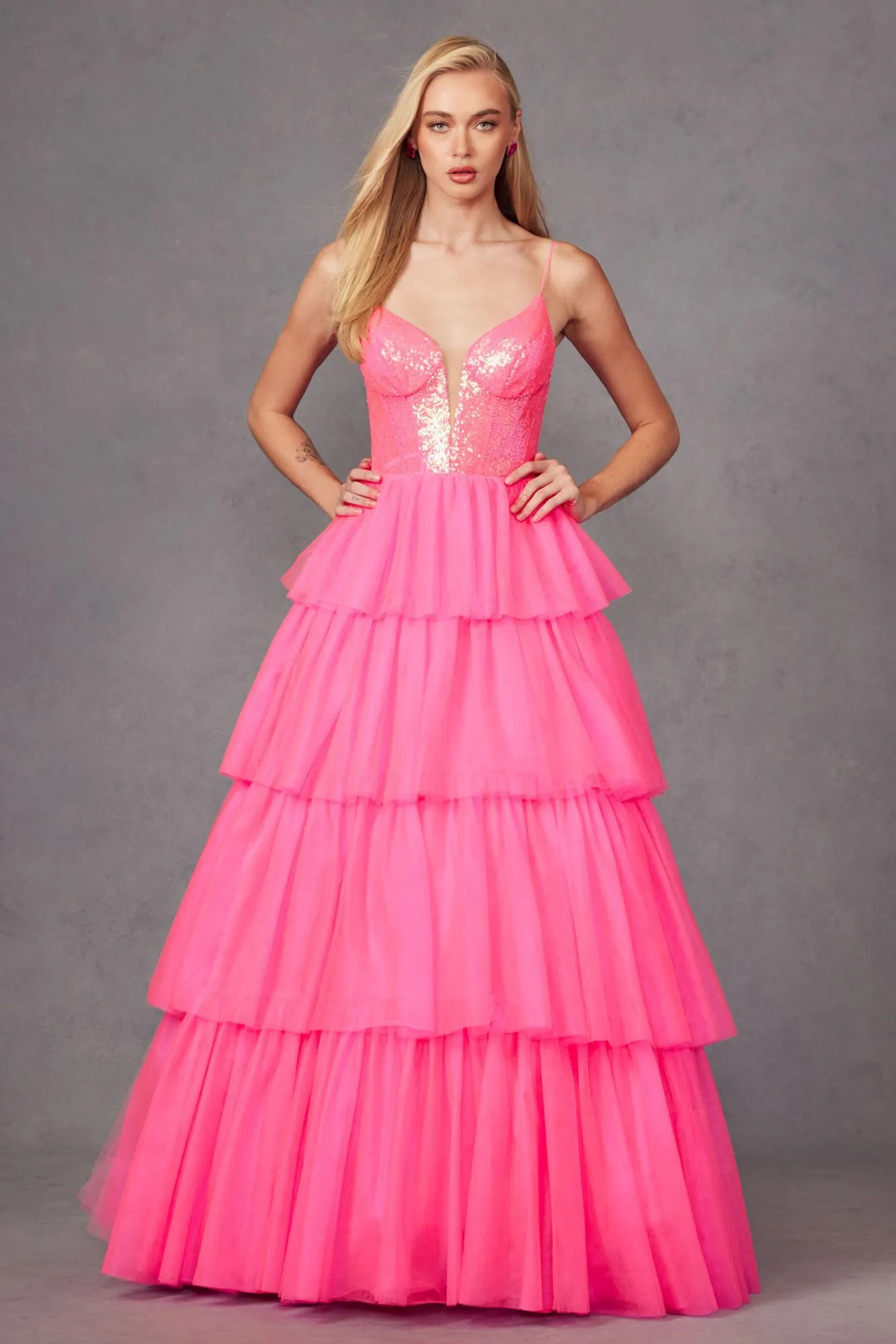 Juliet JT2457H Long Tiered Ruffled Tulle A-Line Sequin Bodice Dress