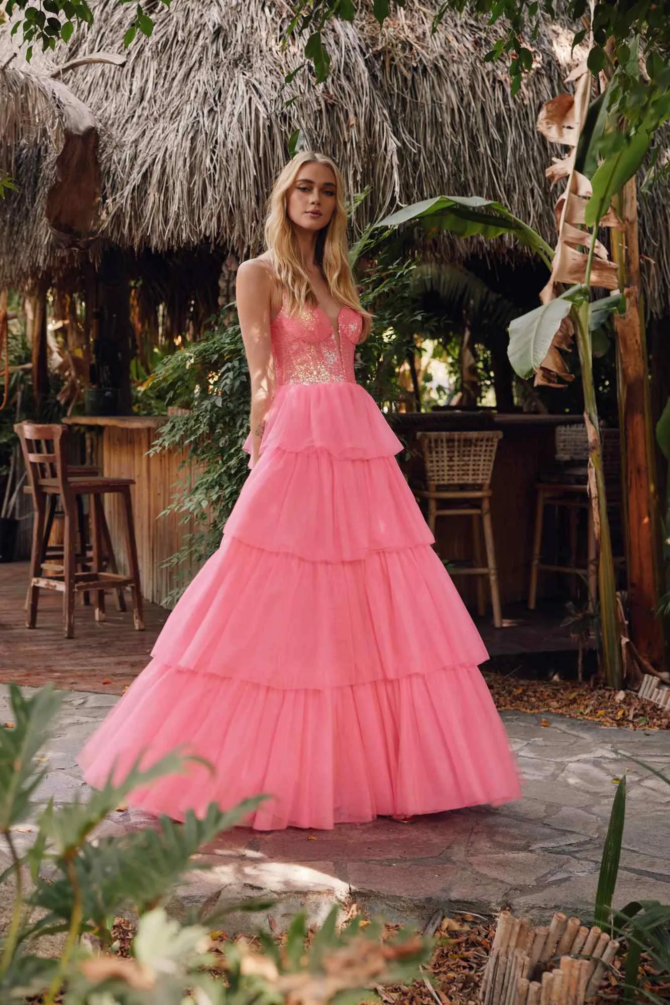 Juliet JT2457H Long Tiered Ruffled Tulle A-Line Sequin Bodice Dress