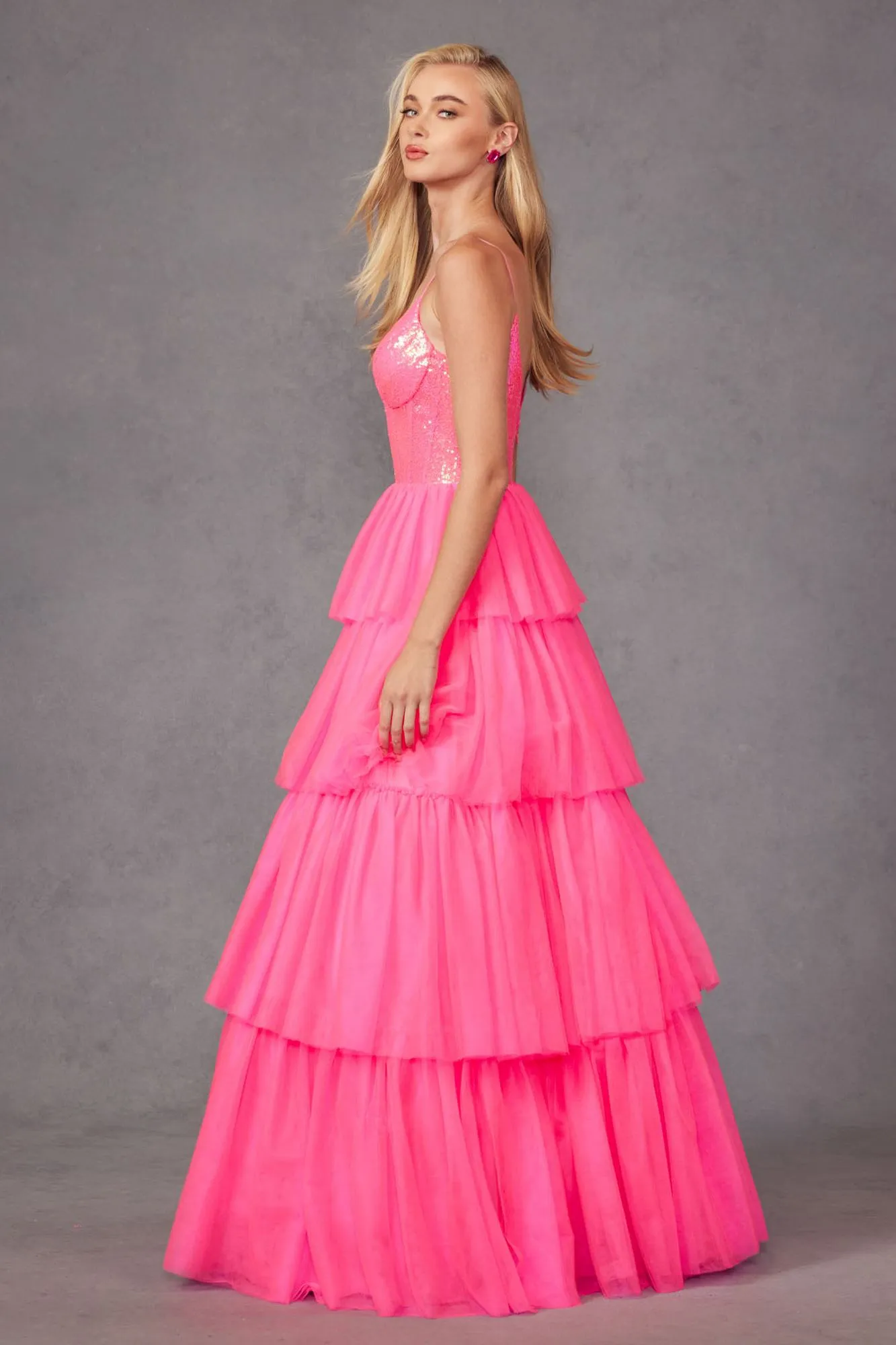 Juliet JT2457H Long Tiered Ruffled Tulle A-Line Sequin Bodice Dress