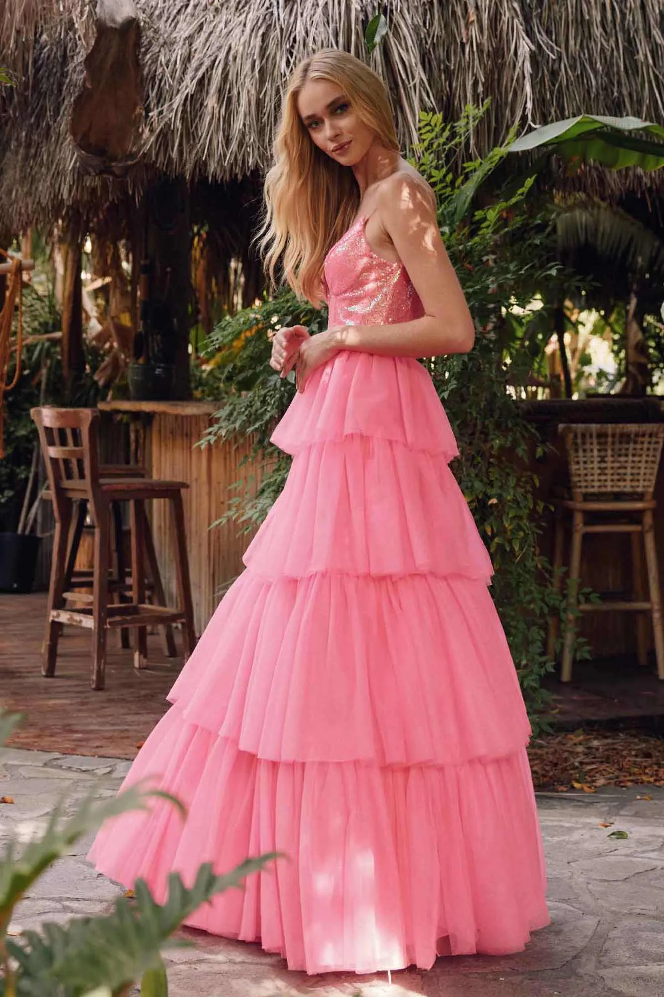 Juliet JT2457H Long Tiered Ruffled Tulle A-Line Sequin Bodice Dress