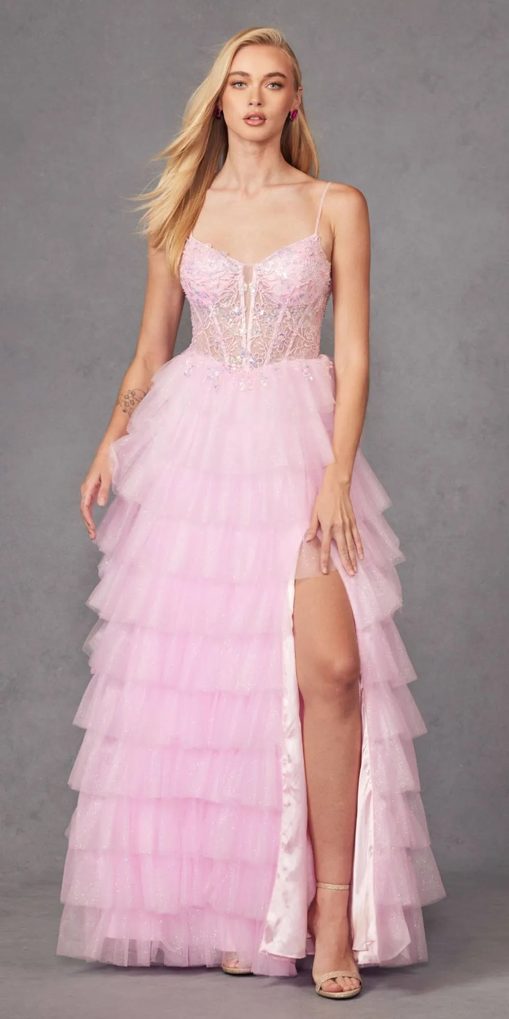 Juliet JT2458A Long Ruffle Tulle A-Line Ball Gown Bustier Bodice Thin Straps