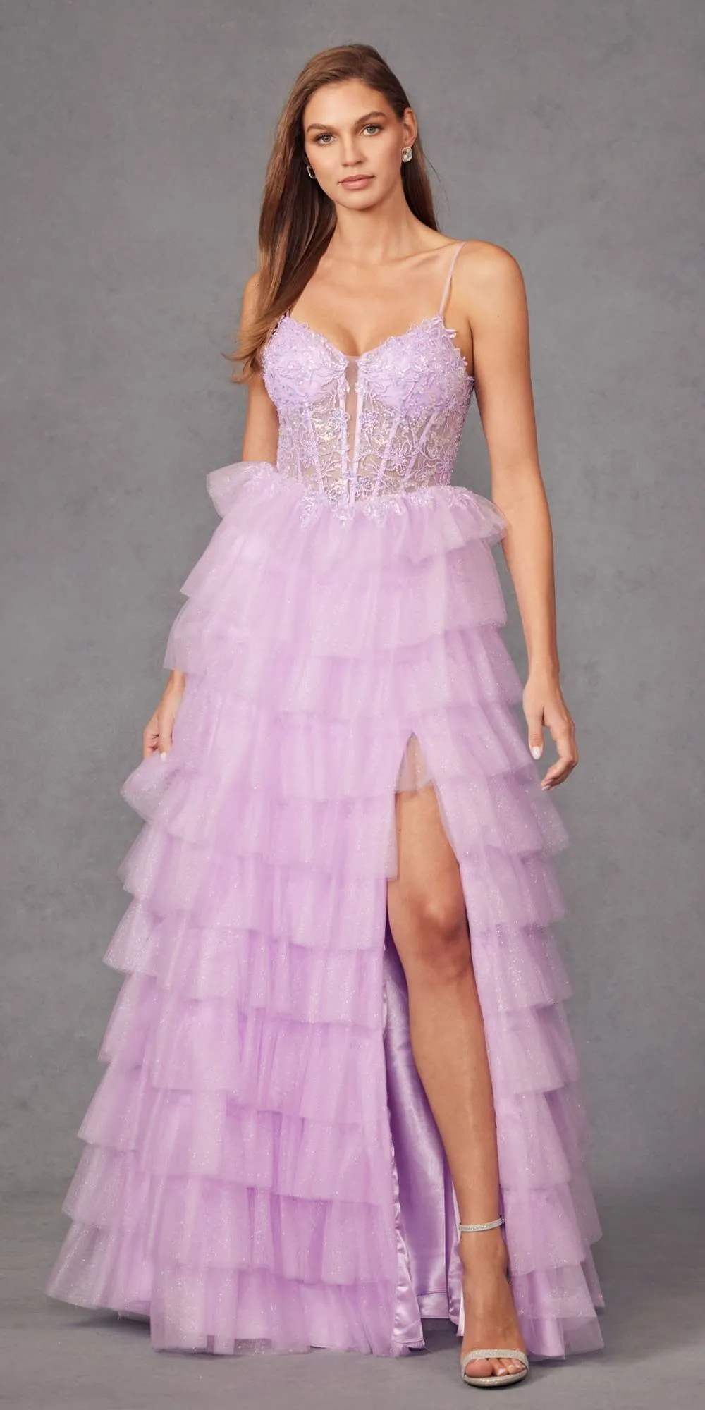 Juliet JT2458A Long Ruffle Tulle A-Line Ball Gown Bustier Bodice Thin Straps