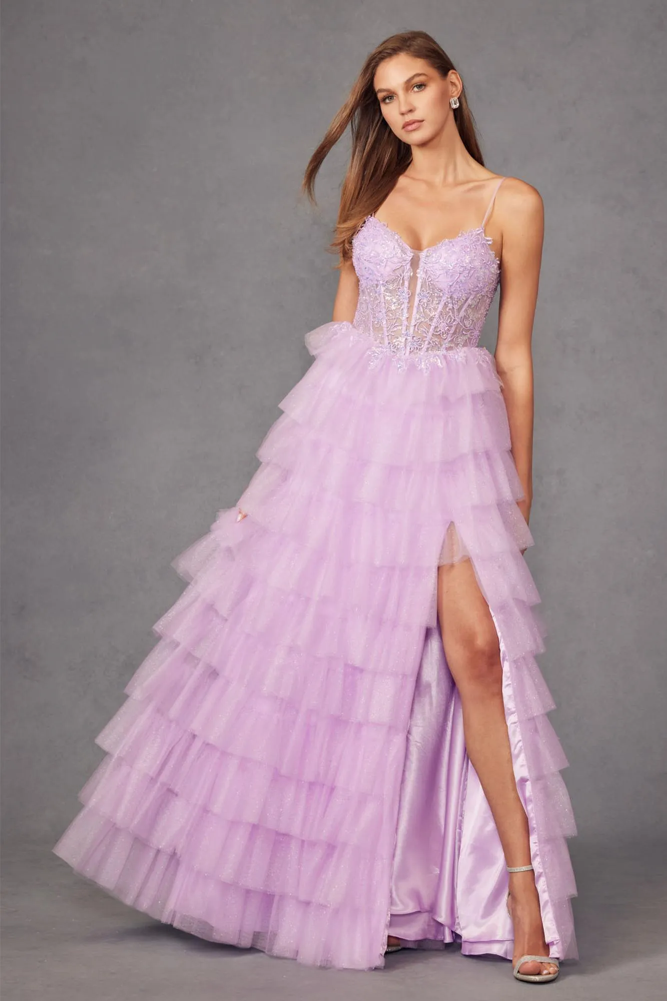 Juliet JT2458A Long Ruffle Tulle A-Line Ball Gown Bustier Bodice Thin Straps