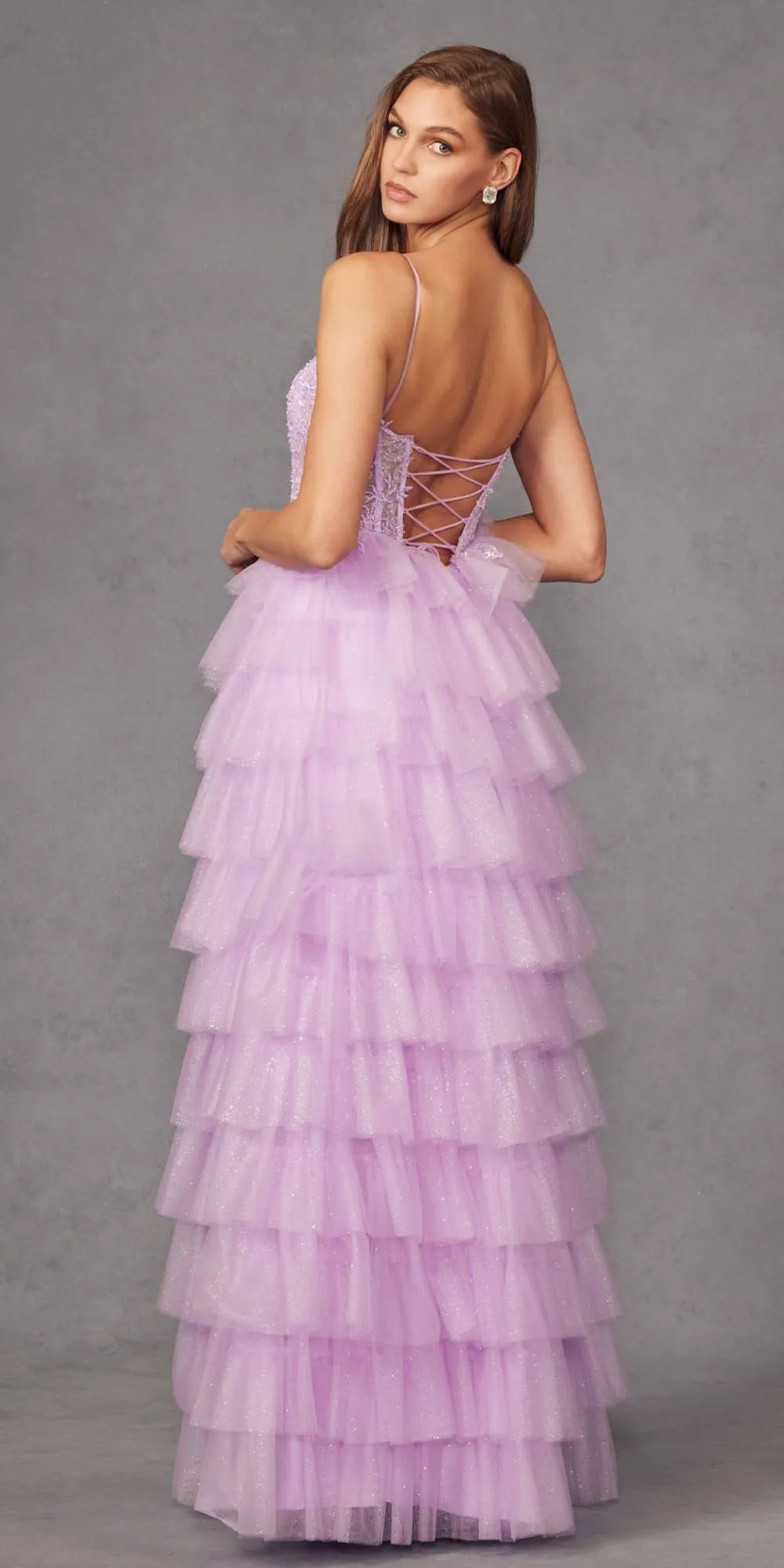 Juliet JT2458A Long Ruffle Tulle A-Line Ball Gown Bustier Bodice Thin Straps