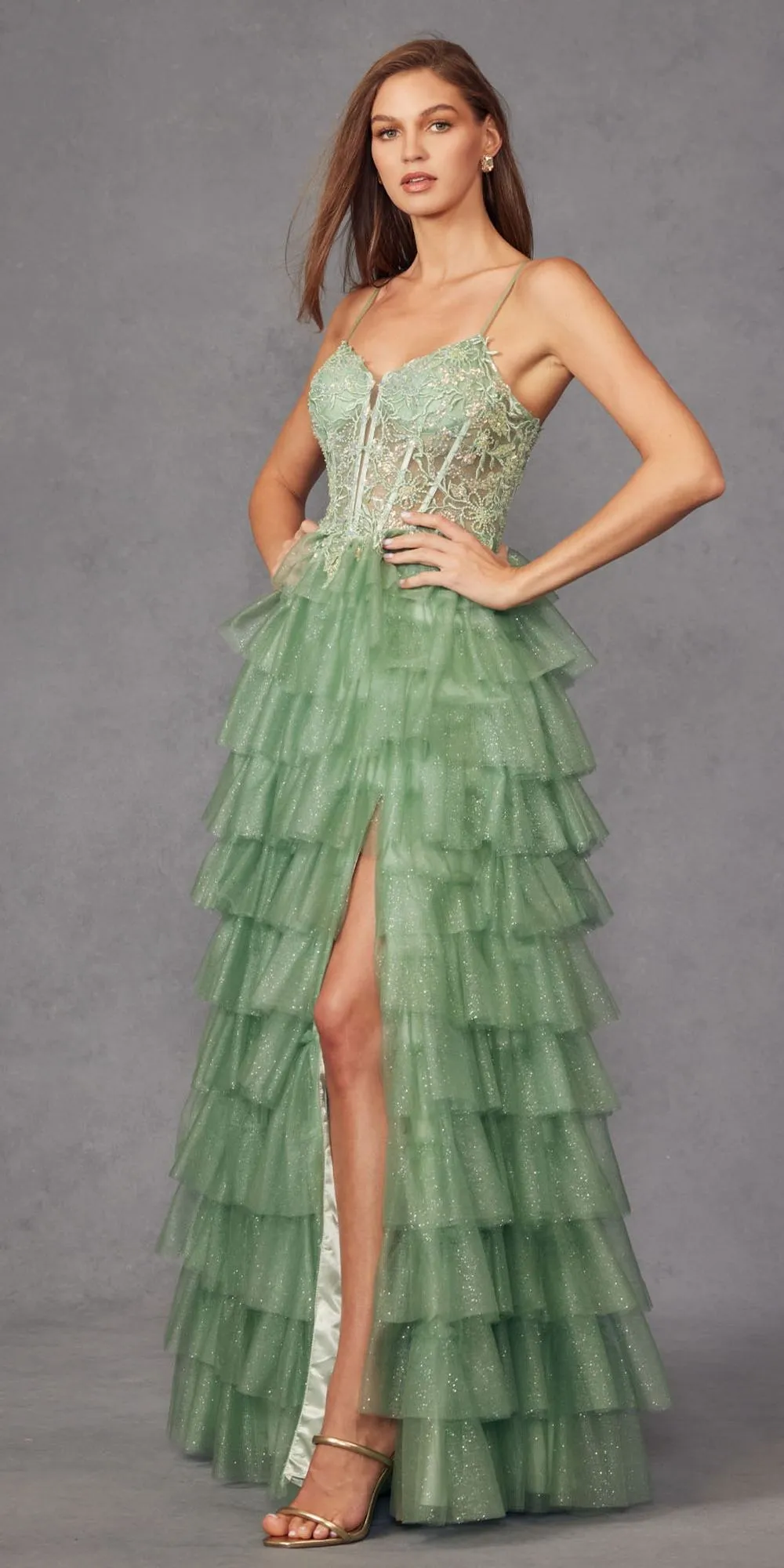 Juliet JT2458A Long Ruffle Tulle A-Line Ball Gown Bustier Bodice Thin Straps