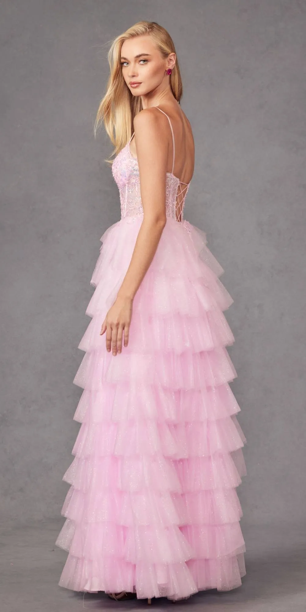 Juliet JT2458A Long Ruffle Tulle A-Line Ball Gown Bustier Bodice Thin Straps