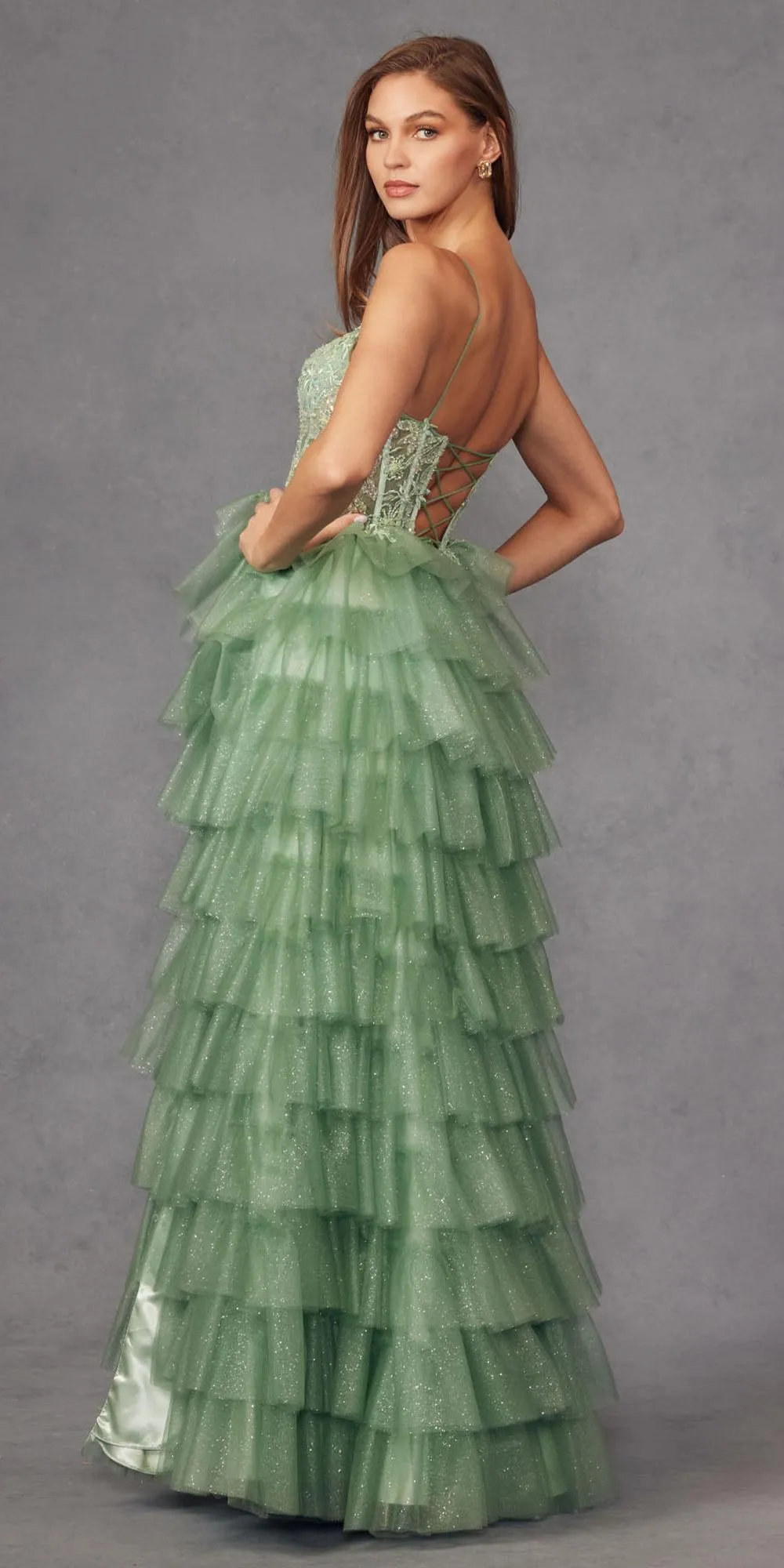 Juliet JT2458A Long Ruffle Tulle A-Line Ball Gown Bustier Bodice Thin Straps