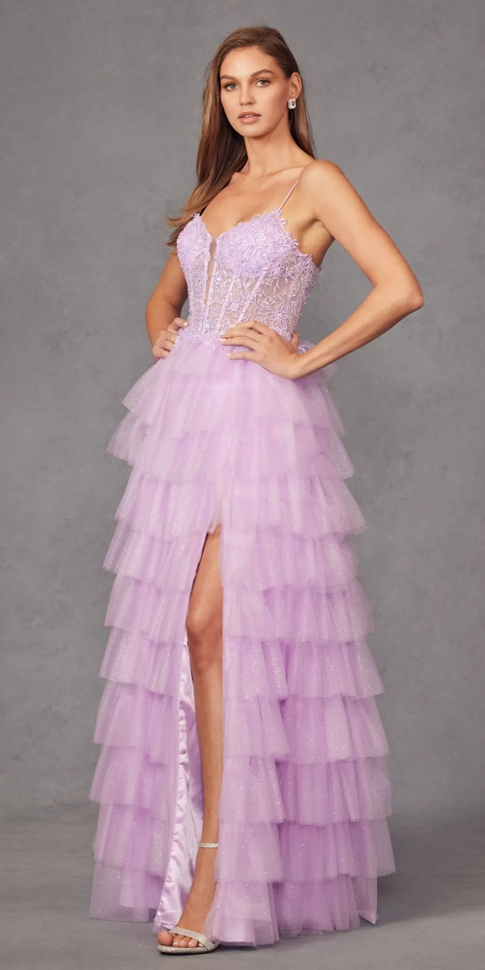 Juliet JT2458A Long Ruffle Tulle A-Line Ball Gown Bustier Bodice Thin Straps