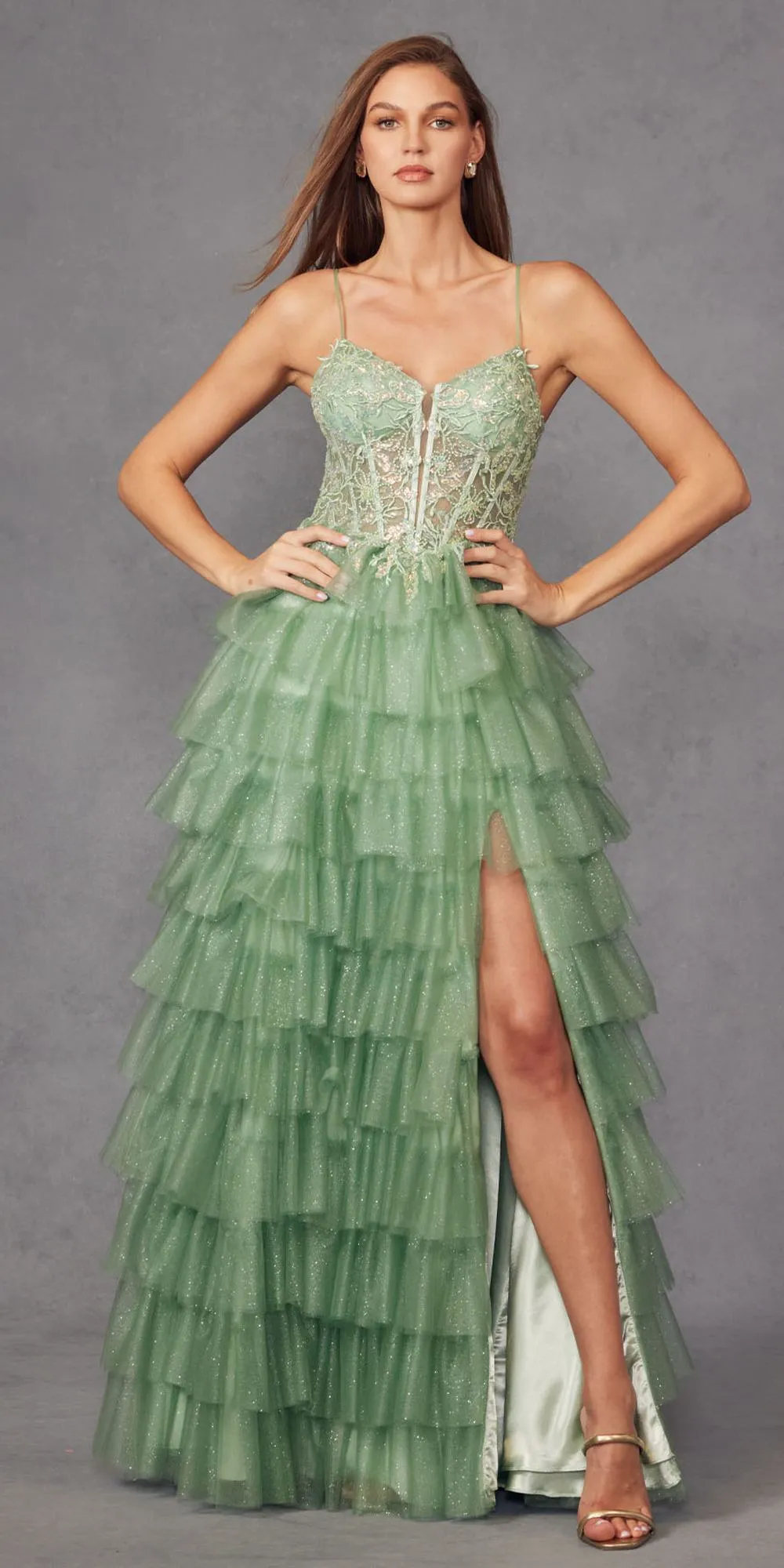 Juliet JT2458A Long Ruffle Tulle A-Line Ball Gown Bustier Bodice Thin Straps