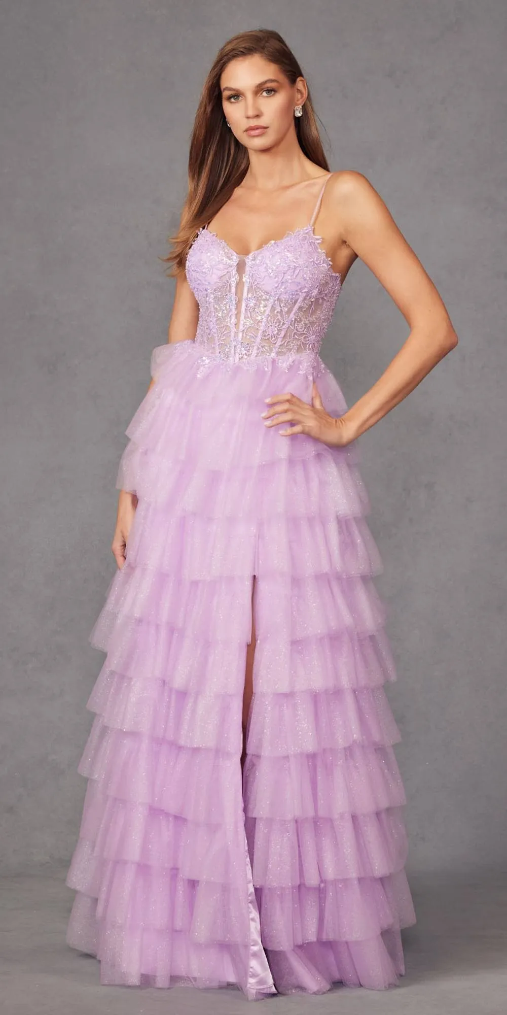 Juliet JT2458A Long Ruffle Tulle A-Line Ball Gown Bustier Bodice Thin Straps
