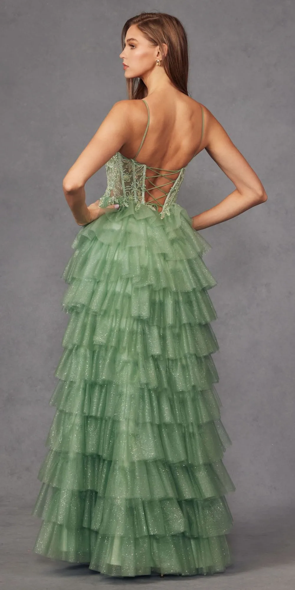 Juliet JT2458A Long Ruffle Tulle A-Line Ball Gown Bustier Bodice Thin Straps