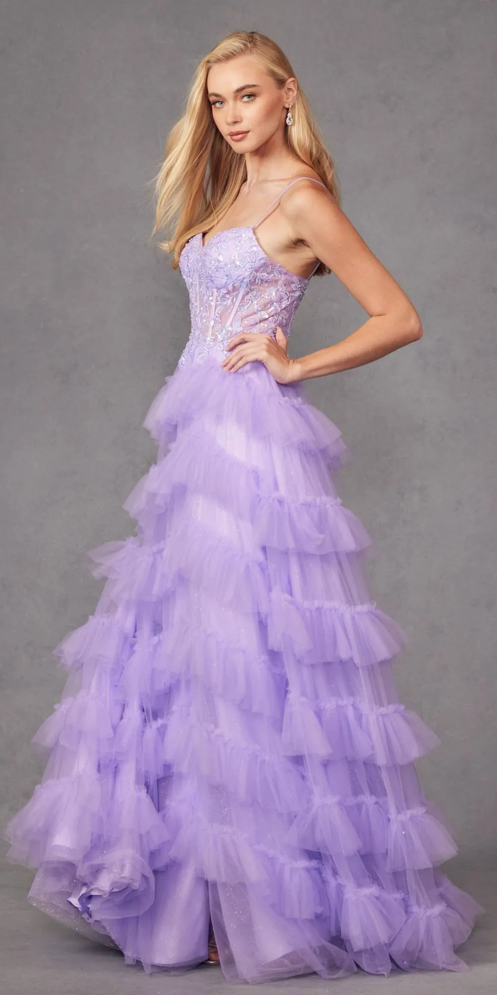 Juliet JT2459A Tiered Ruffled Glitter Tulle A-Line Gown Corset Bodice
