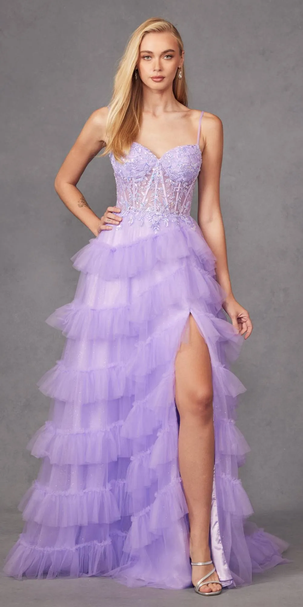 Juliet JT2459A Tiered Ruffled Glitter Tulle A-Line Gown Corset Bodice
