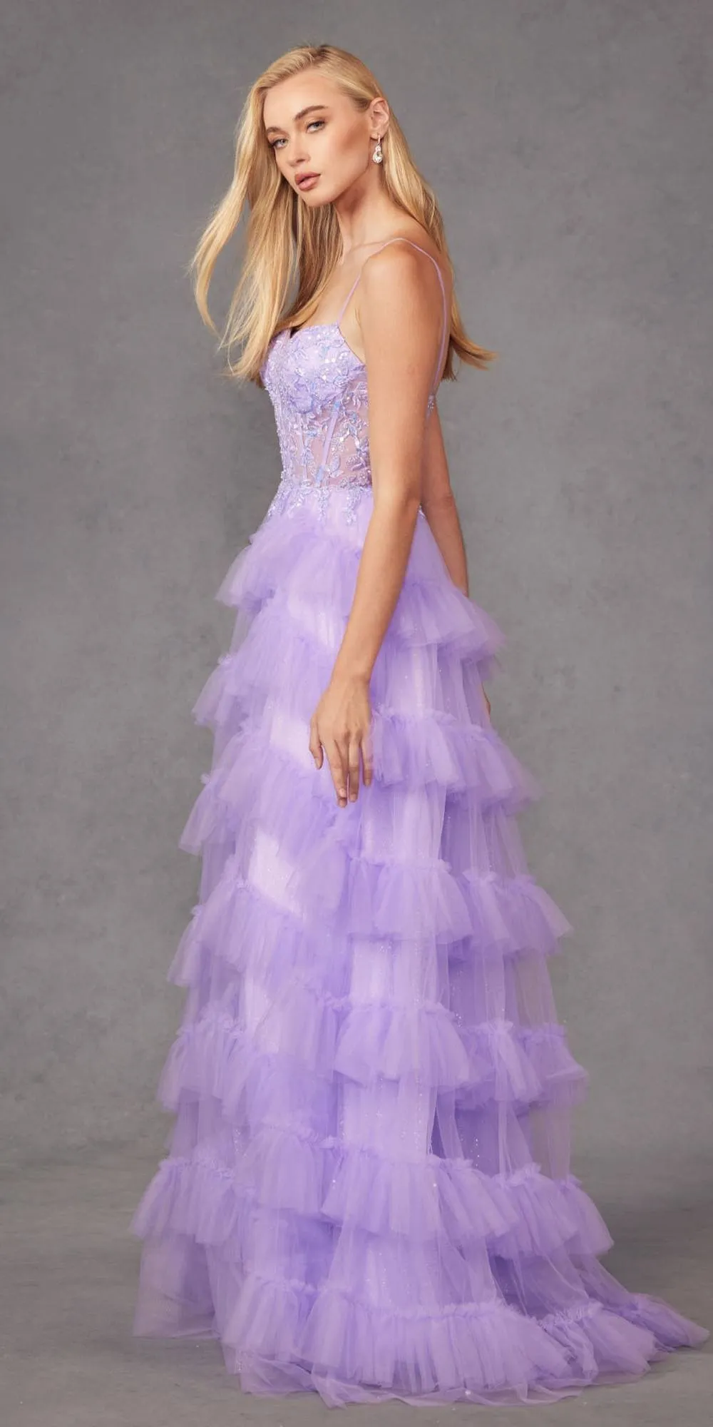 Juliet JT2459A Tiered Ruffled Glitter Tulle A-Line Gown Corset Bodice