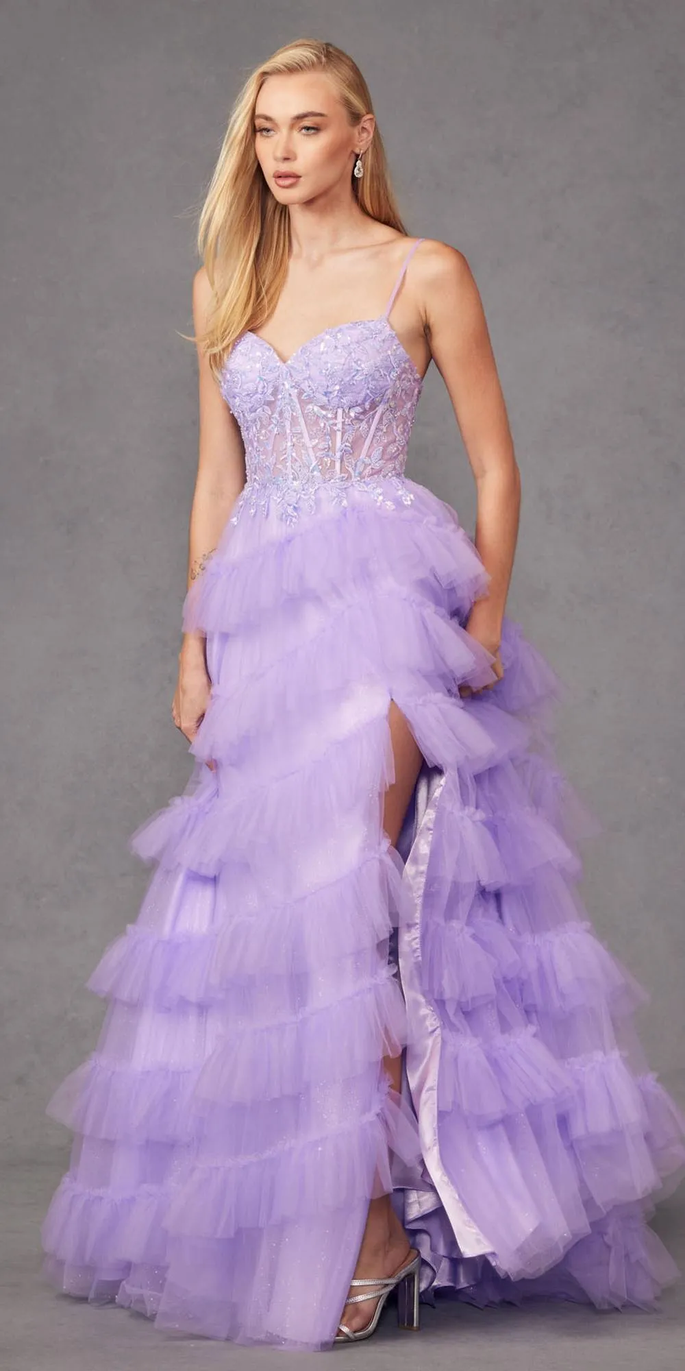 Juliet JT2459A Tiered Ruffled Glitter Tulle A-Line Gown Corset Bodice