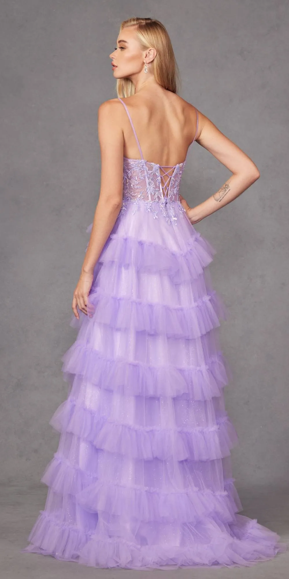 Juliet JT2459A Tiered Ruffled Glitter Tulle A-Line Gown Corset Bodice
