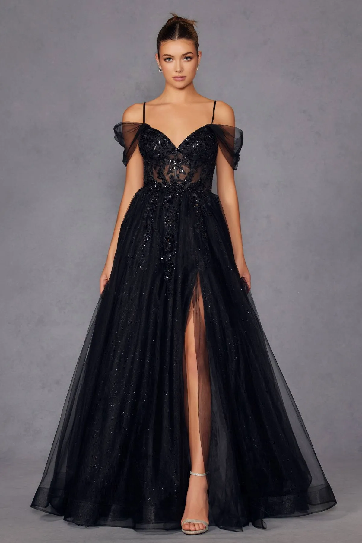 Juliet JT2466A Long Cold Shoulder Sweetheart Corset Bodice A-Line Gown