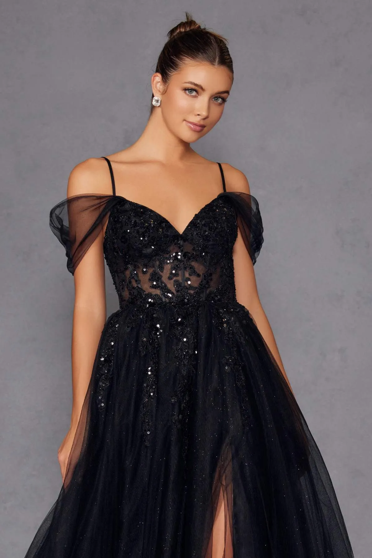 Juliet JT2466A Long Cold Shoulder Sweetheart Corset Bodice A-Line Gown