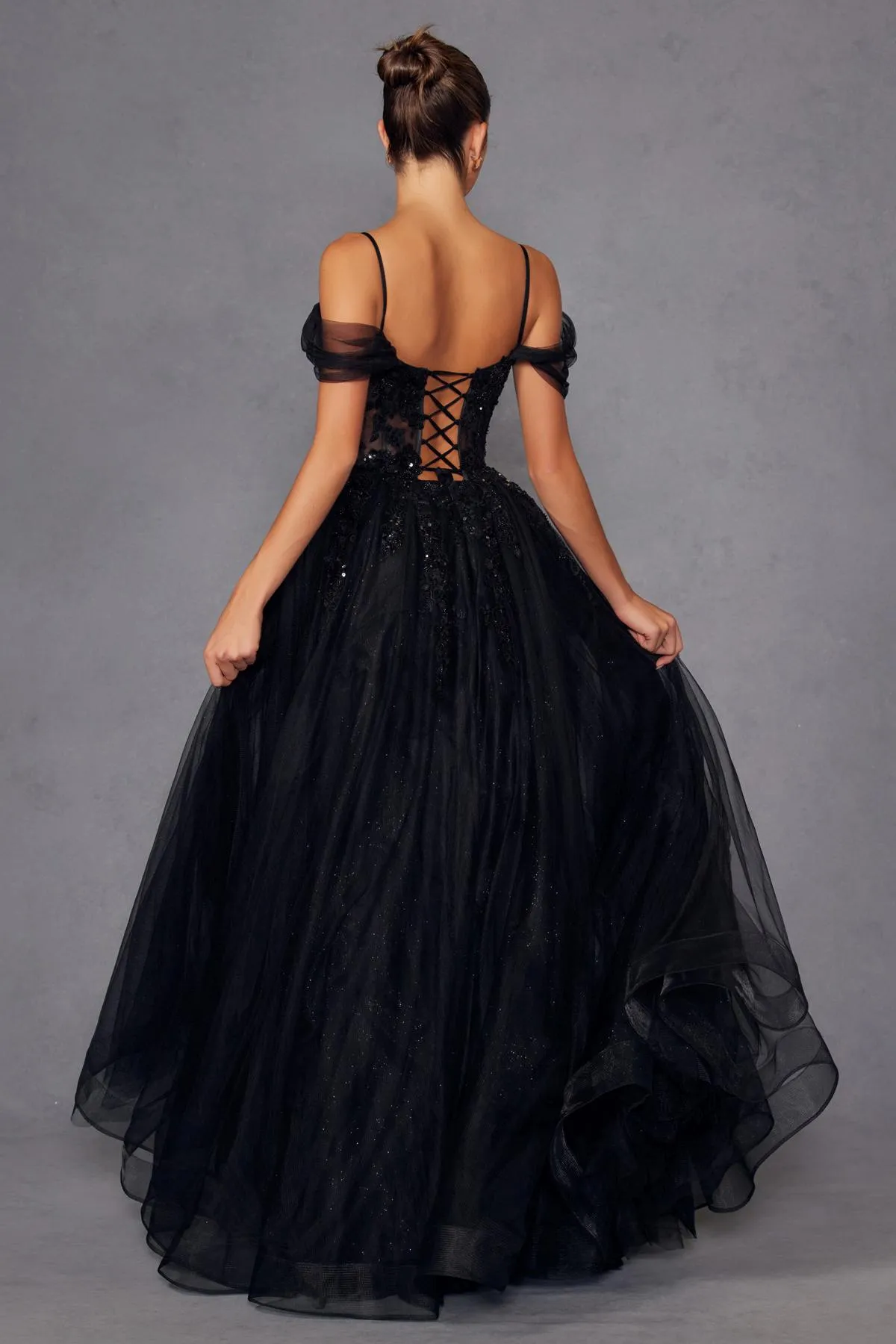 Juliet JT2466A Long Cold Shoulder Sweetheart Corset Bodice A-Line Gown