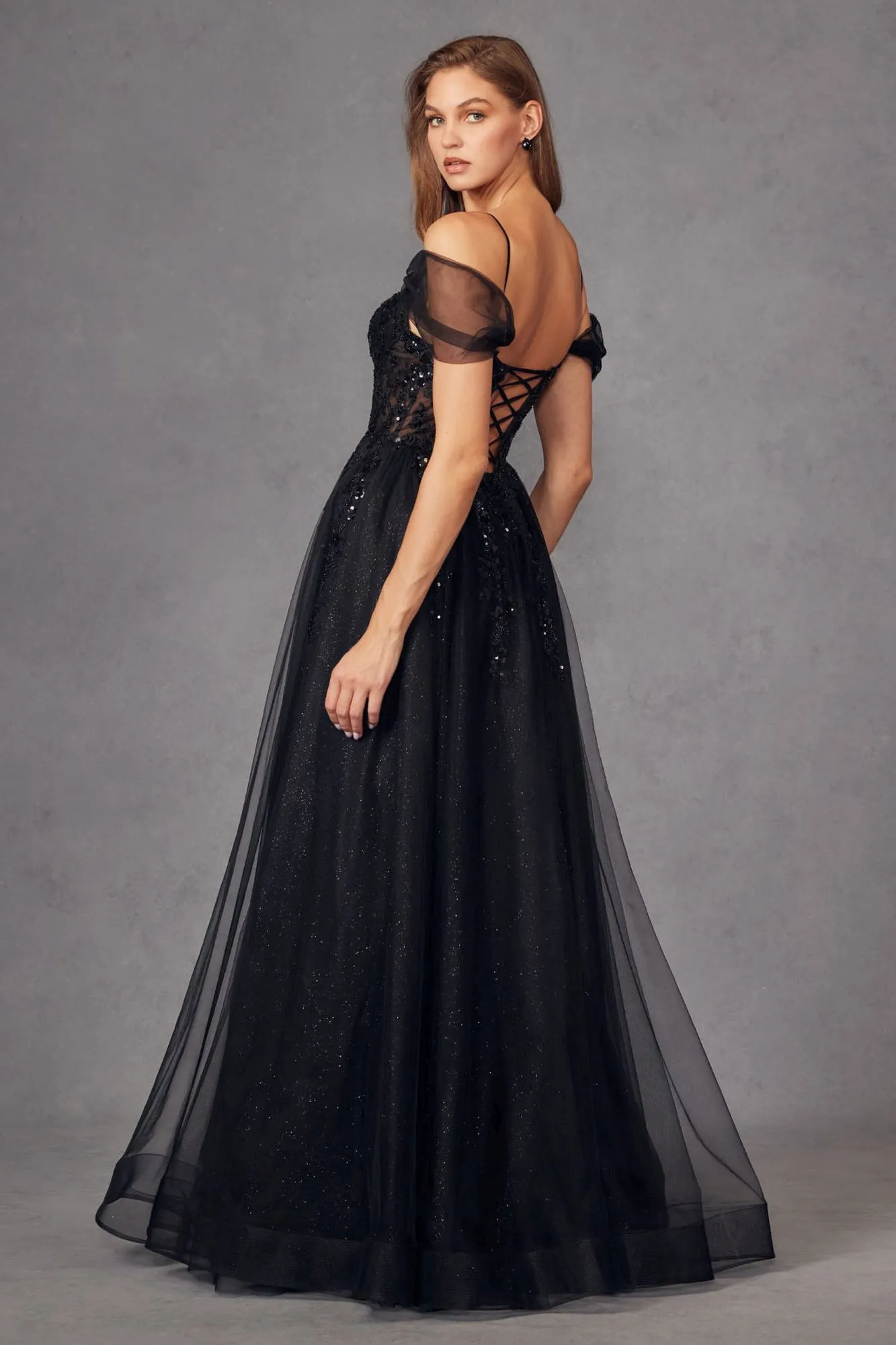 Juliet JT2466A Long Cold Shoulder Sweetheart Corset Bodice A-Line Gown