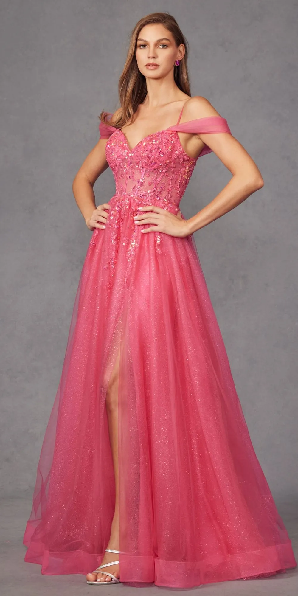 Juliet JT2466A Long Cold Shoulder Sweetheart Corset Bodice A-Line Gown