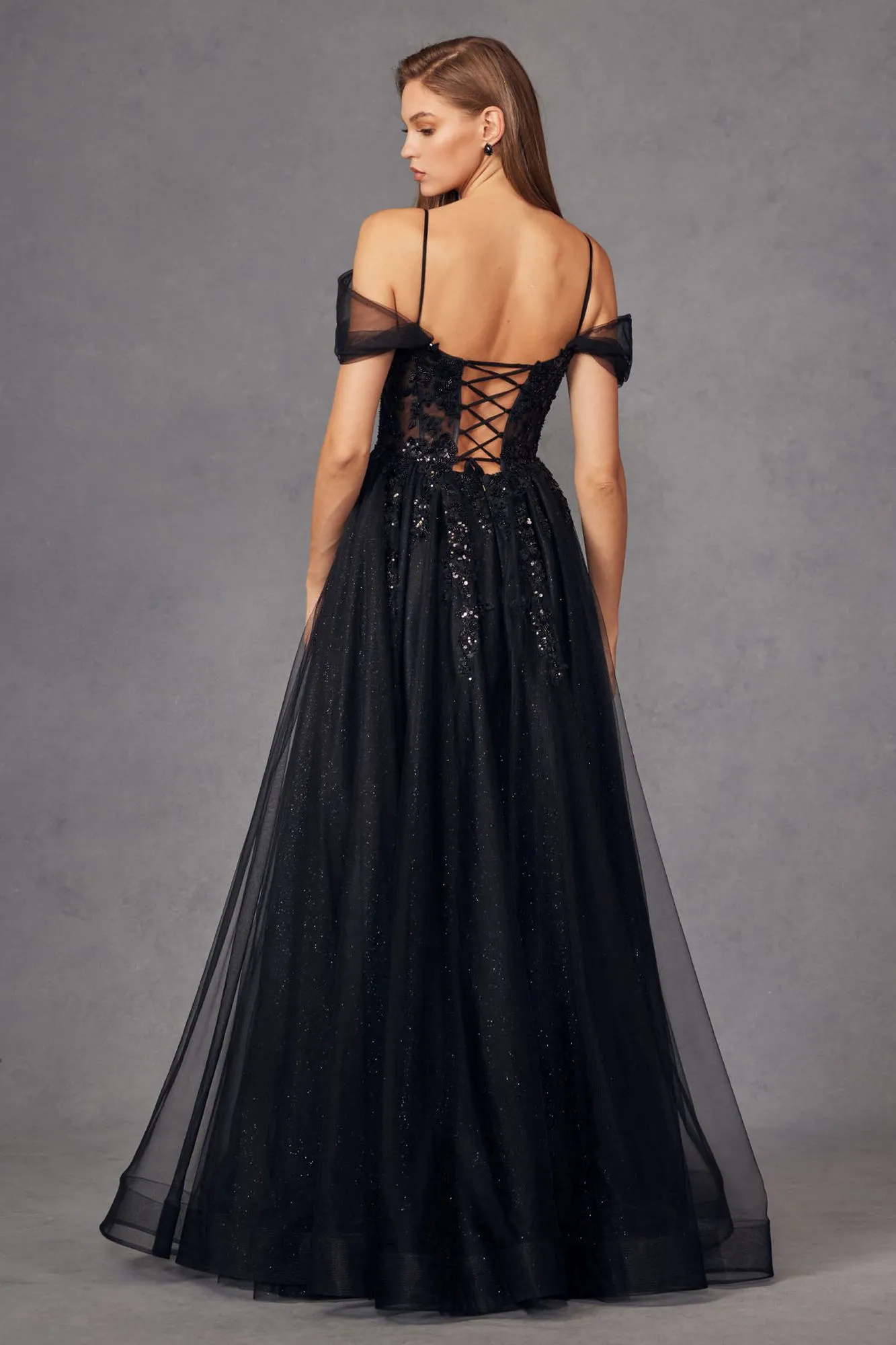 Juliet JT2466A Long Cold Shoulder Sweetheart Corset Bodice A-Line Gown
