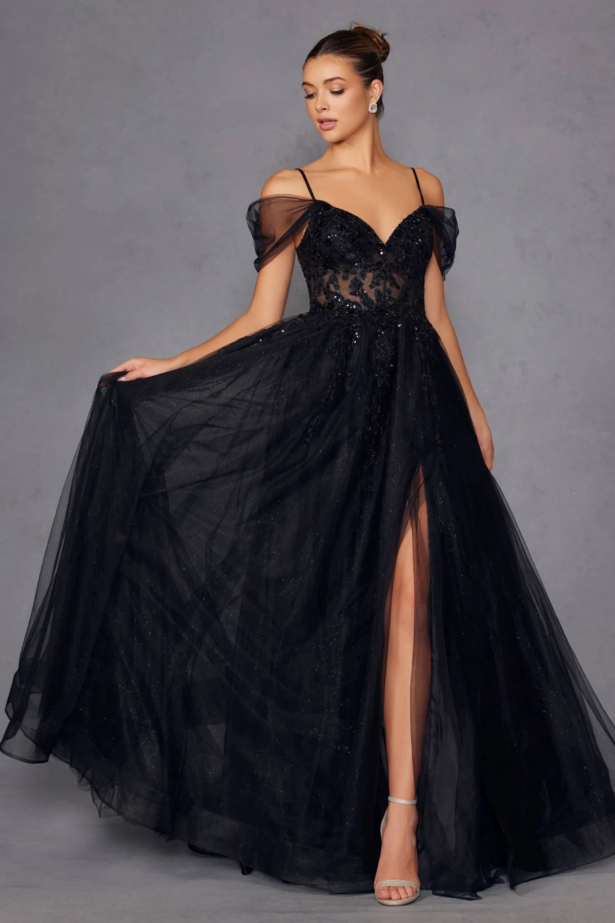 Juliet JT2466A Long Cold Shoulder Sweetheart Corset Bodice A-Line Gown