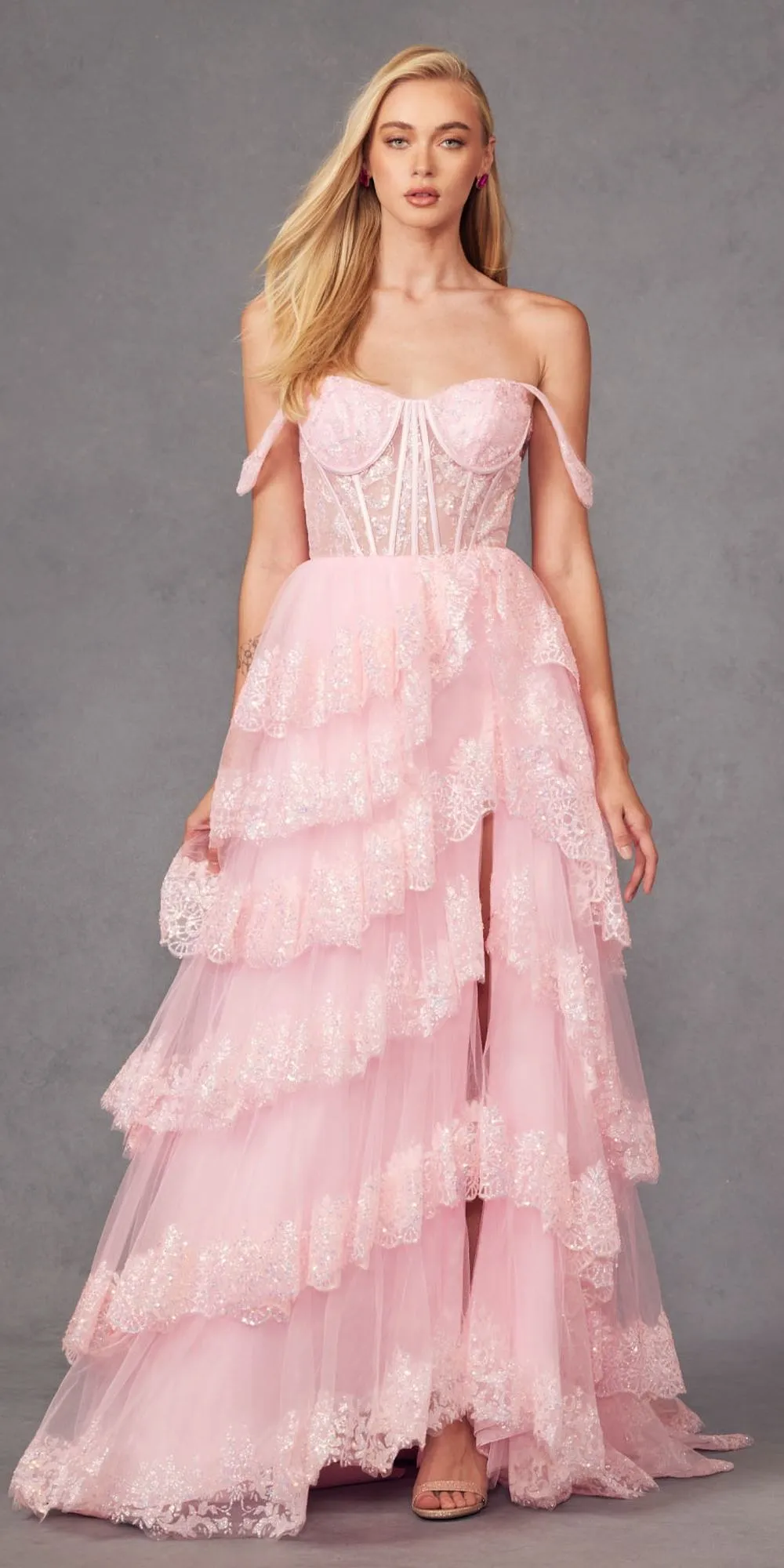 Juliet JT2467K Long Off the Shoulder Draped Sleeve A-Line Gown