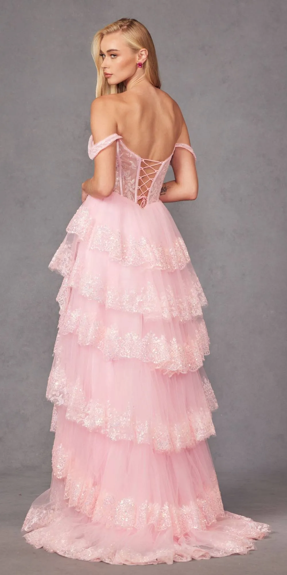 Juliet JT2467K Long Off the Shoulder Draped Sleeve A-Line Gown