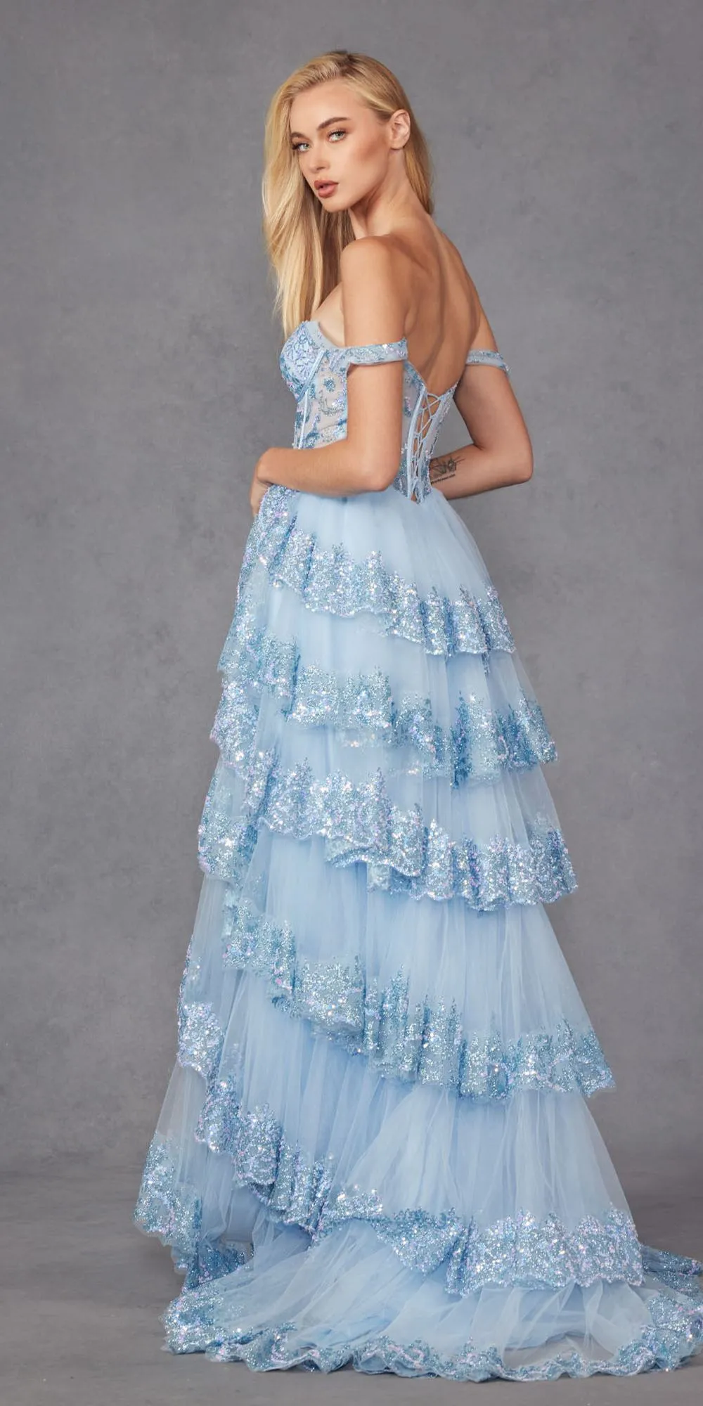 Juliet JT2467K Long Off the Shoulder Draped Sleeve A-Line Gown