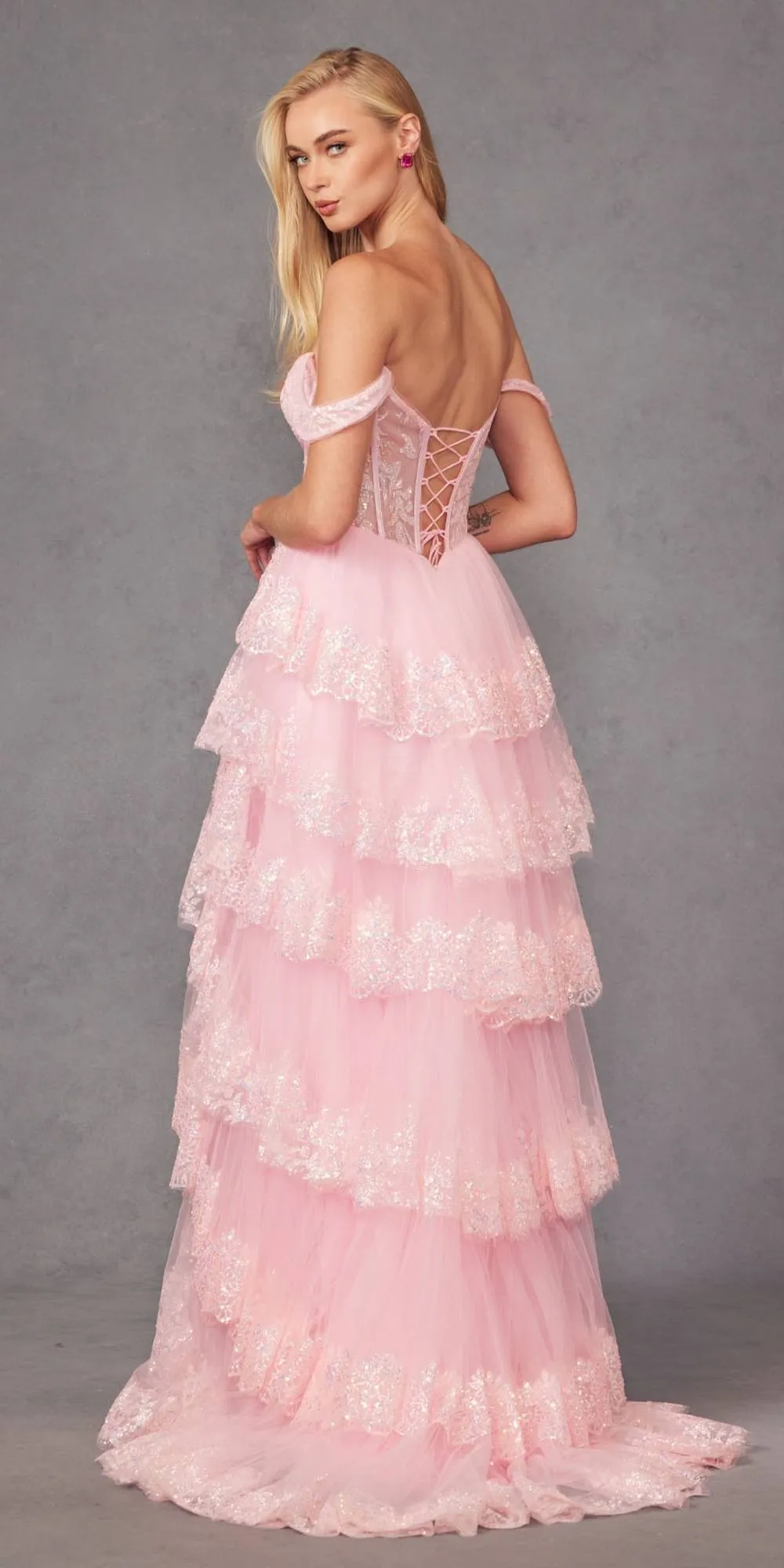 Juliet JT2467K Long Off the Shoulder Draped Sleeve A-Line Gown