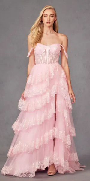 Juliet JT2467K Long Off the Shoulder Draped Sleeve A-Line Gown