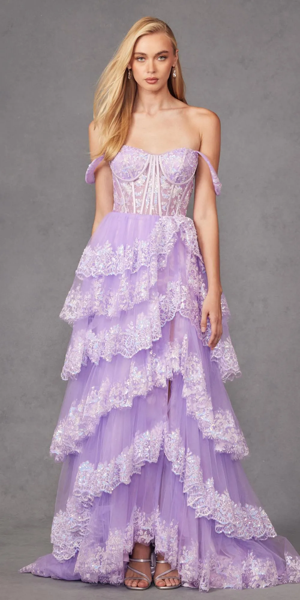 Juliet JT2467K Long Off the Shoulder Draped Sleeve A-Line Gown