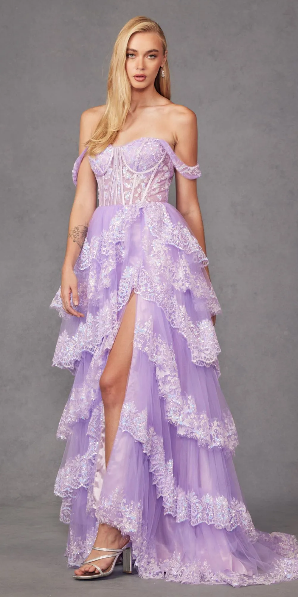 Juliet JT2467K Long Off the Shoulder Draped Sleeve A-Line Gown