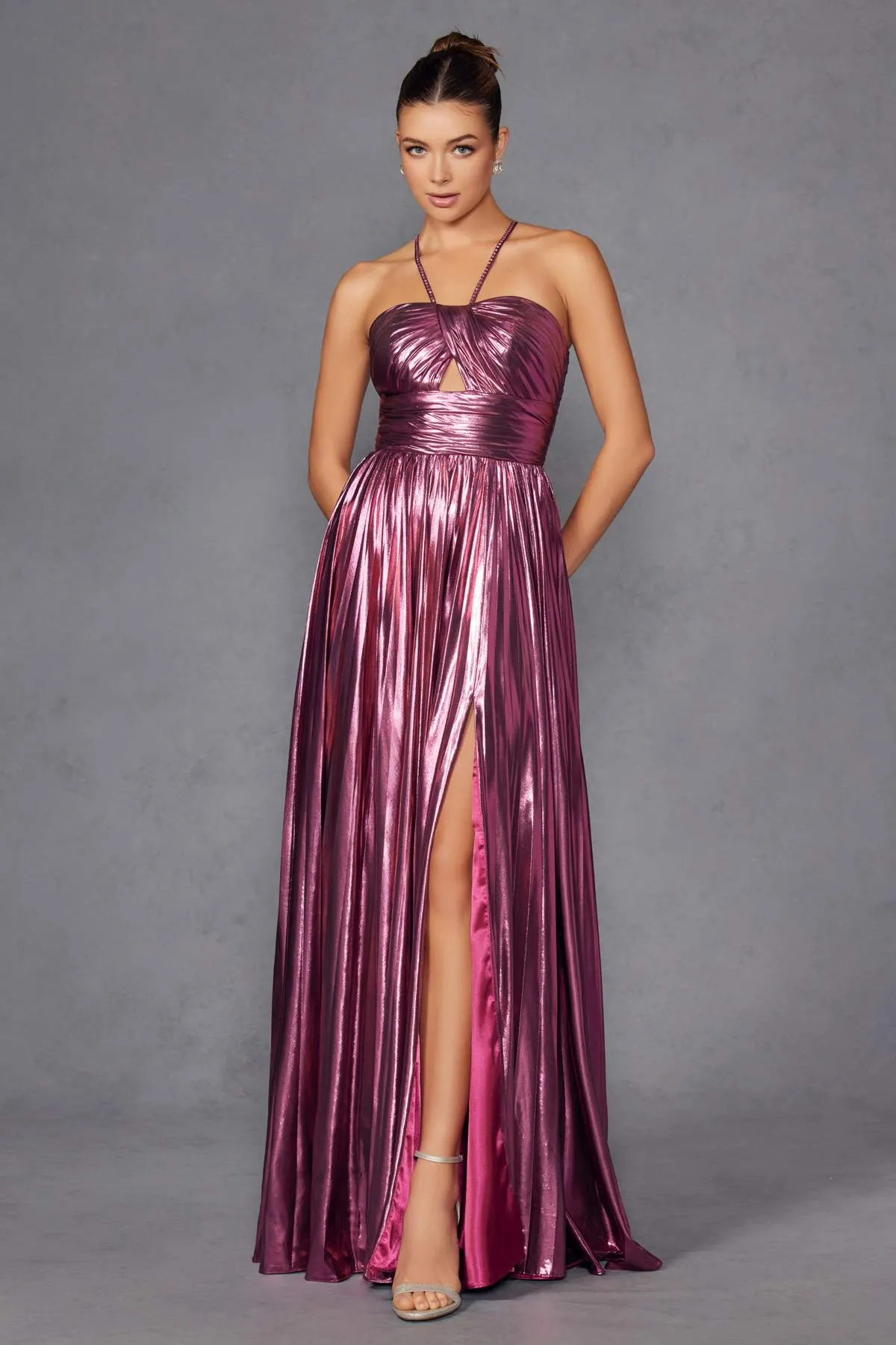 Juliet JT2503A Long Halter A-Line Pleated Metallic Gown