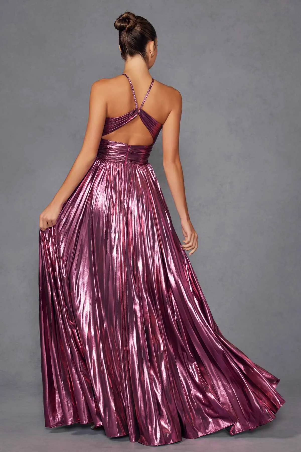 Juliet JT2503A Long Halter A-Line Pleated Metallic Gown
