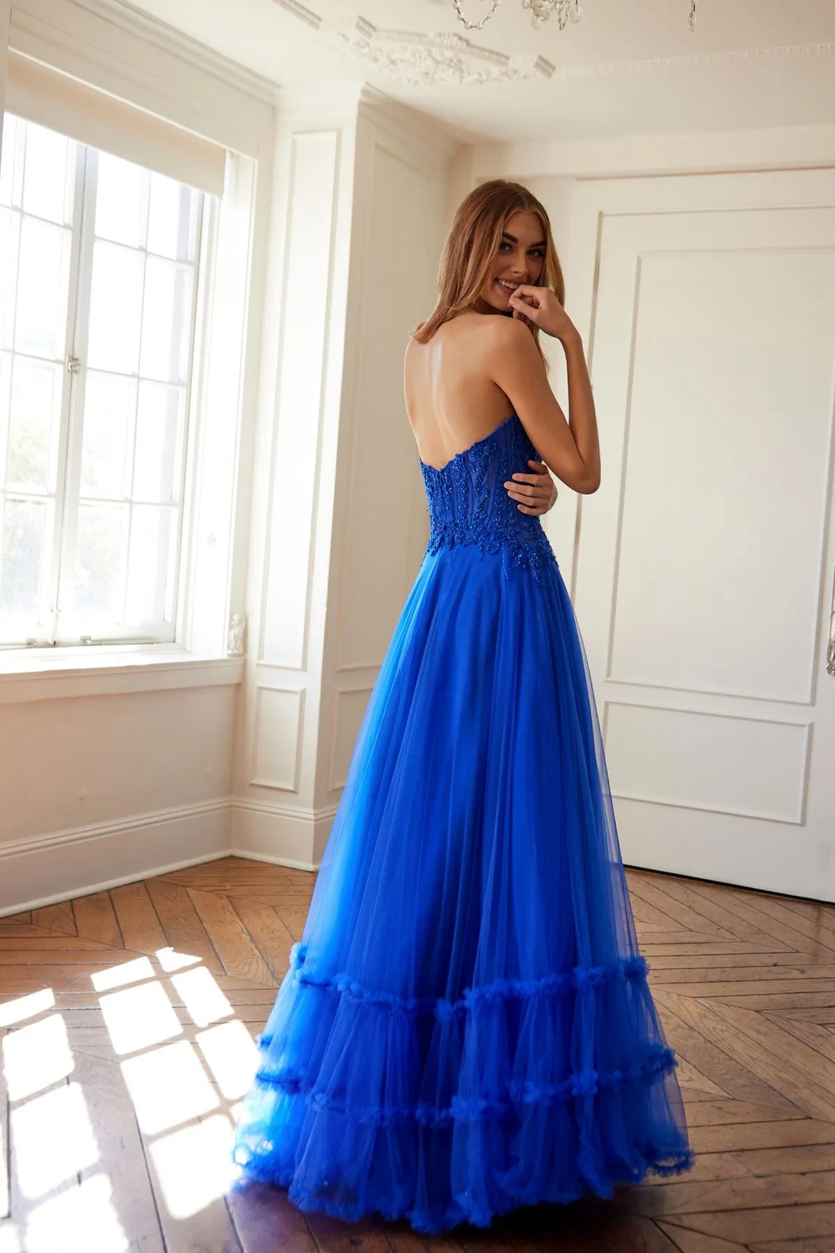 Juliet JT2561S Strapless Sweetheart Keyhole Bodice Tulle A-Line Gown