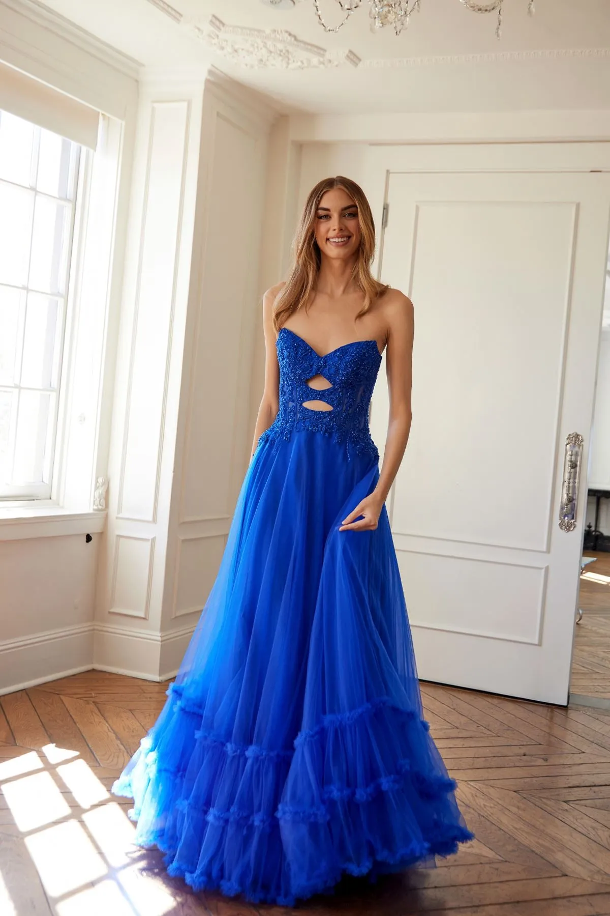 Juliet JT2561S Strapless Sweetheart Keyhole Bodice Tulle A-Line Gown