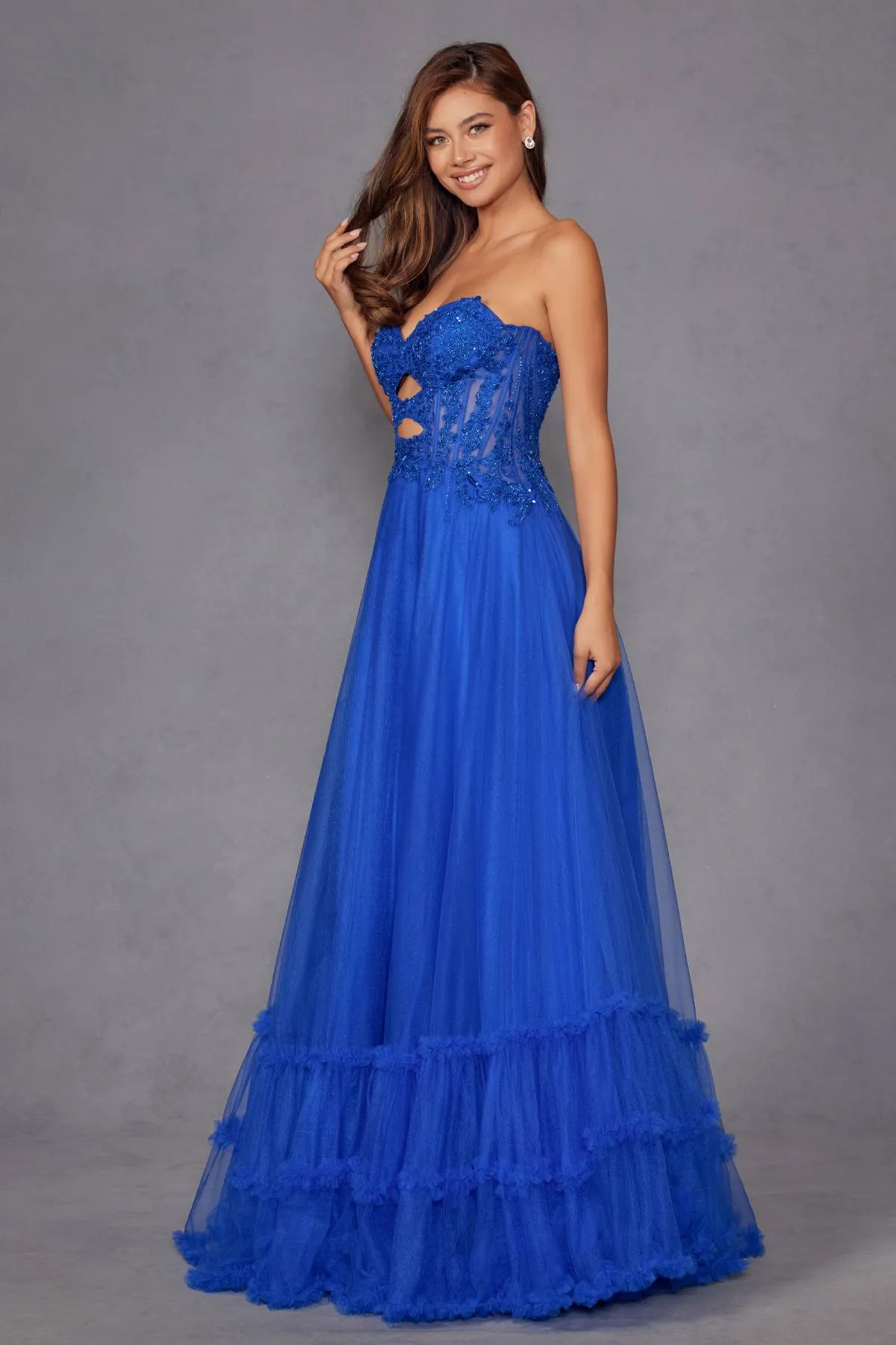 Juliet JT2561S Strapless Sweetheart Keyhole Bodice Tulle A-Line Gown