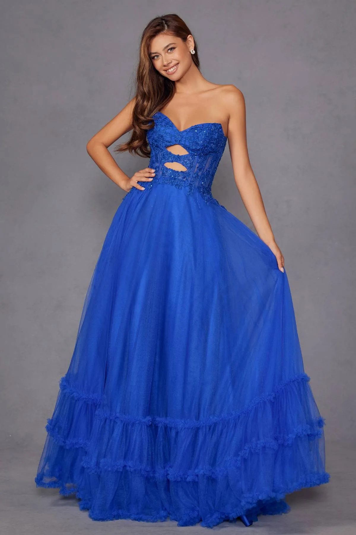 Juliet JT2561S Strapless Sweetheart Keyhole Bodice Tulle A-Line Gown