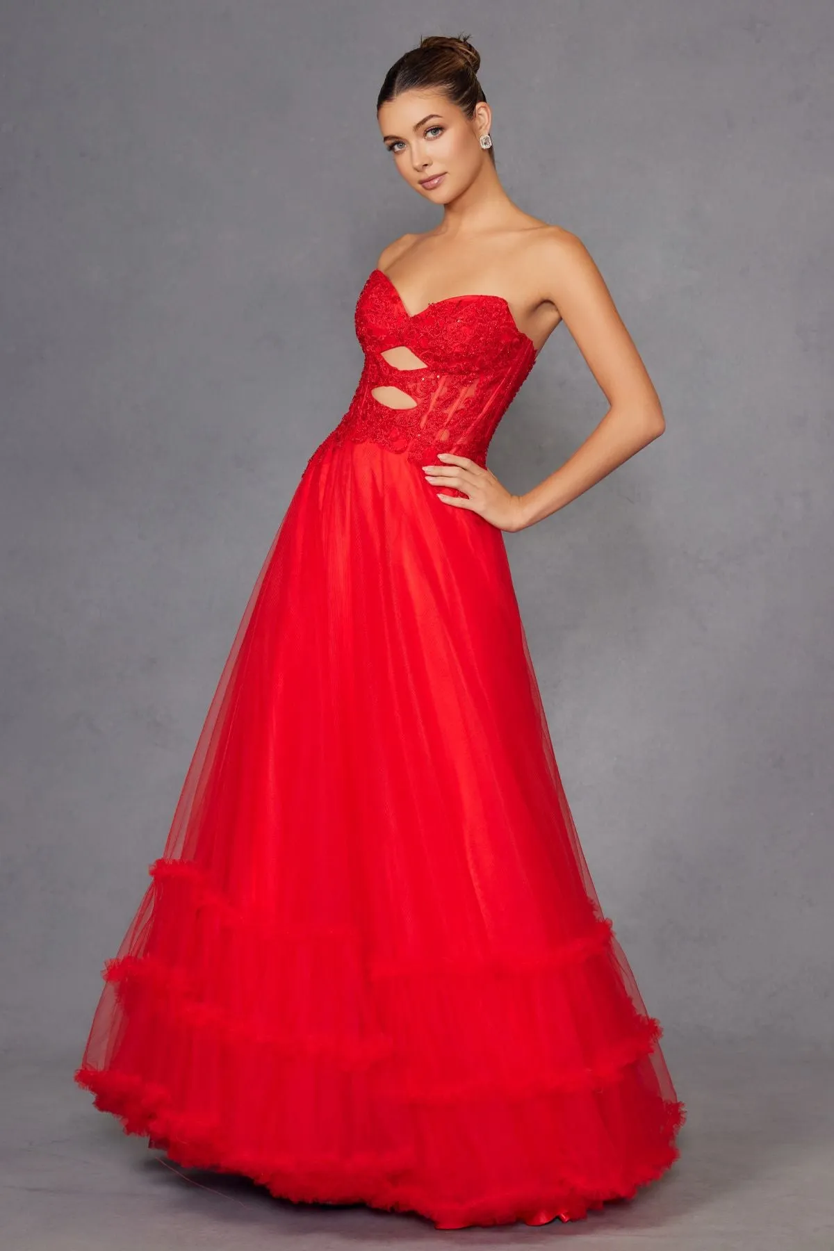 Juliet JT2561S Strapless Sweetheart Keyhole Bodice Tulle A-Line Gown