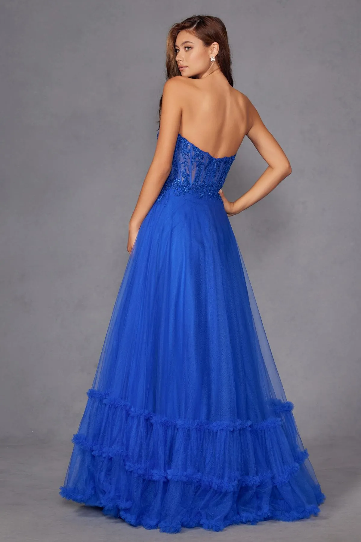 Juliet JT2561S Strapless Sweetheart Keyhole Bodice Tulle A-Line Gown