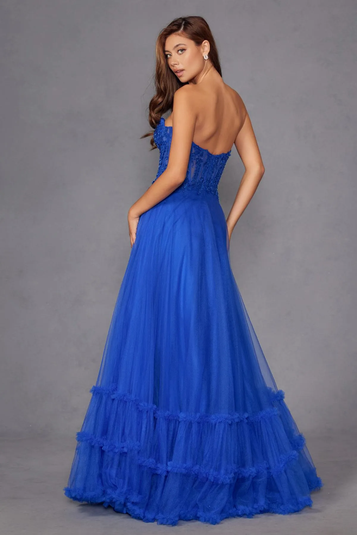 Juliet JT2561S Strapless Sweetheart Keyhole Bodice Tulle A-Line Gown