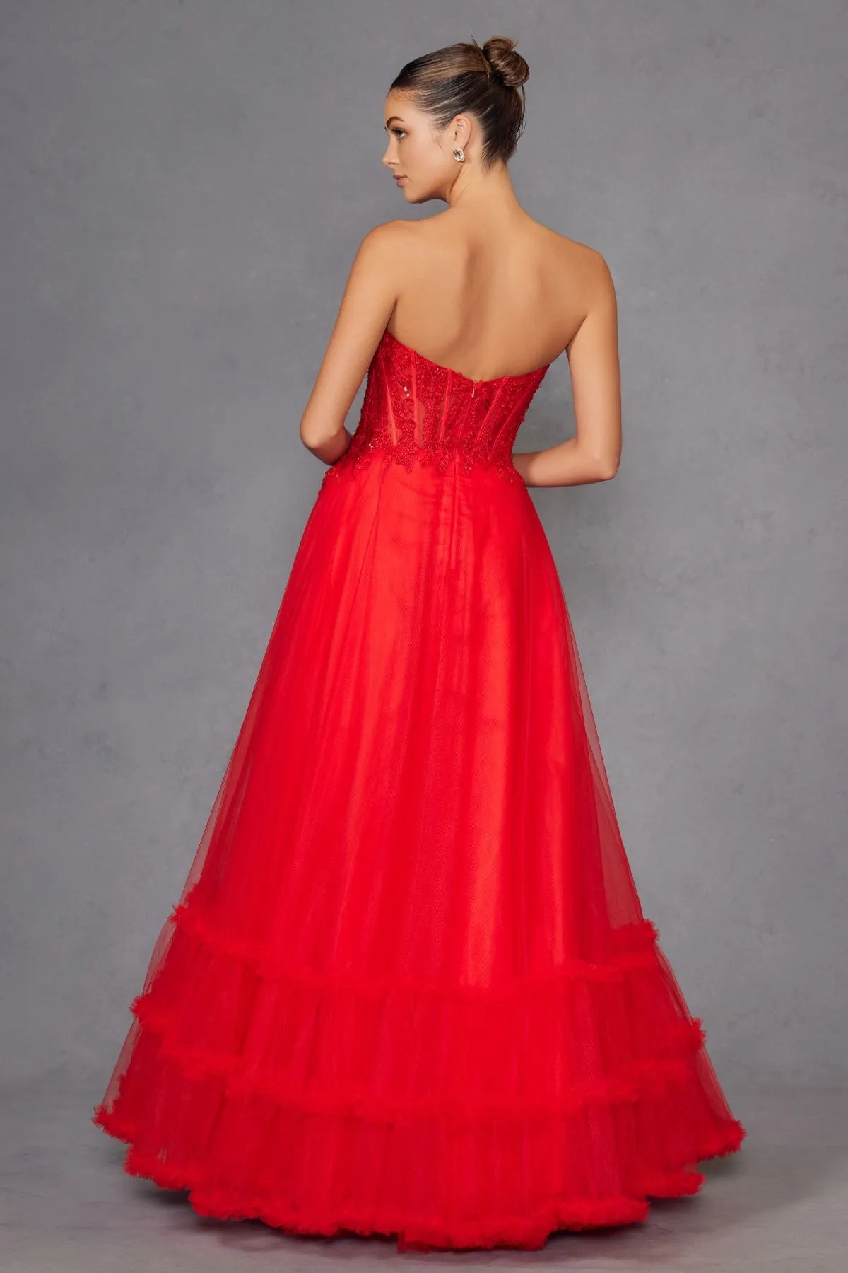 Juliet JT2561S Strapless Sweetheart Keyhole Bodice Tulle A-Line Gown