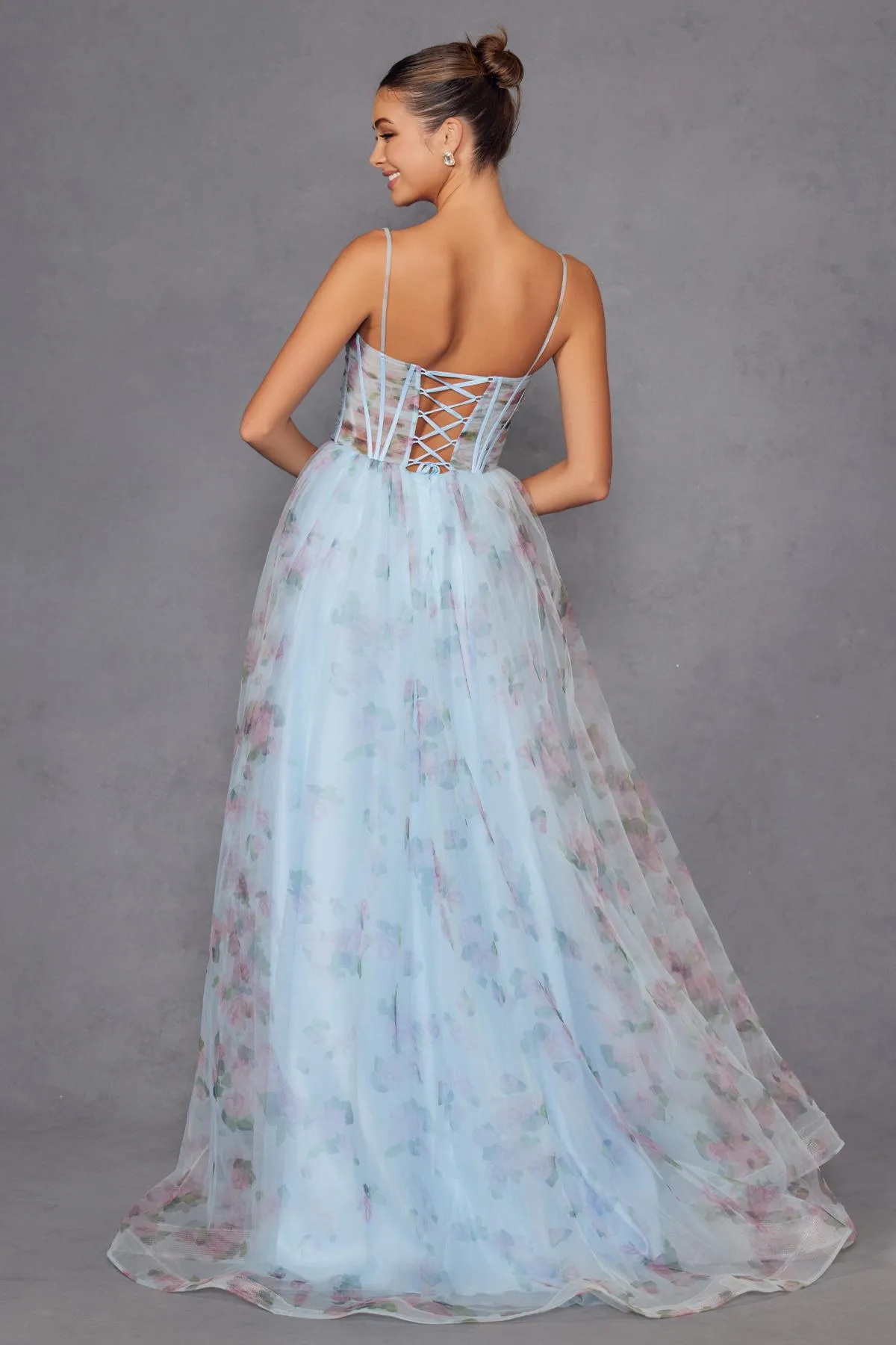 Juliet JT2562S Floral Print Strapless A-Line Tulle Gown