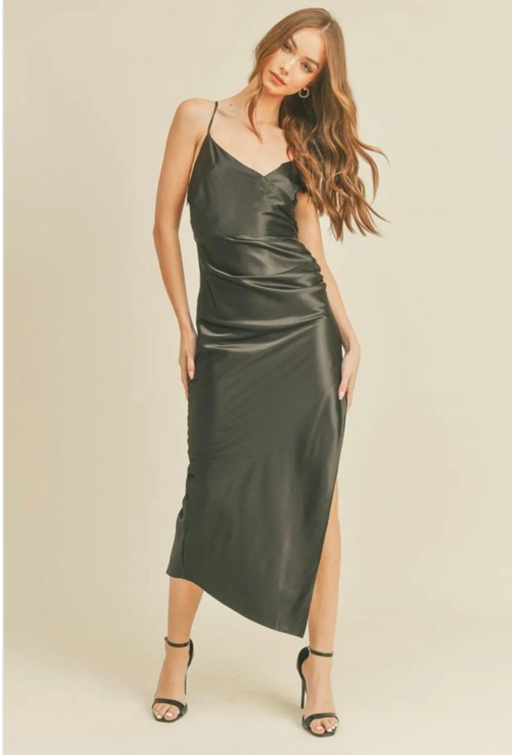 JULINA SATIN WRAP MIDI DRESS